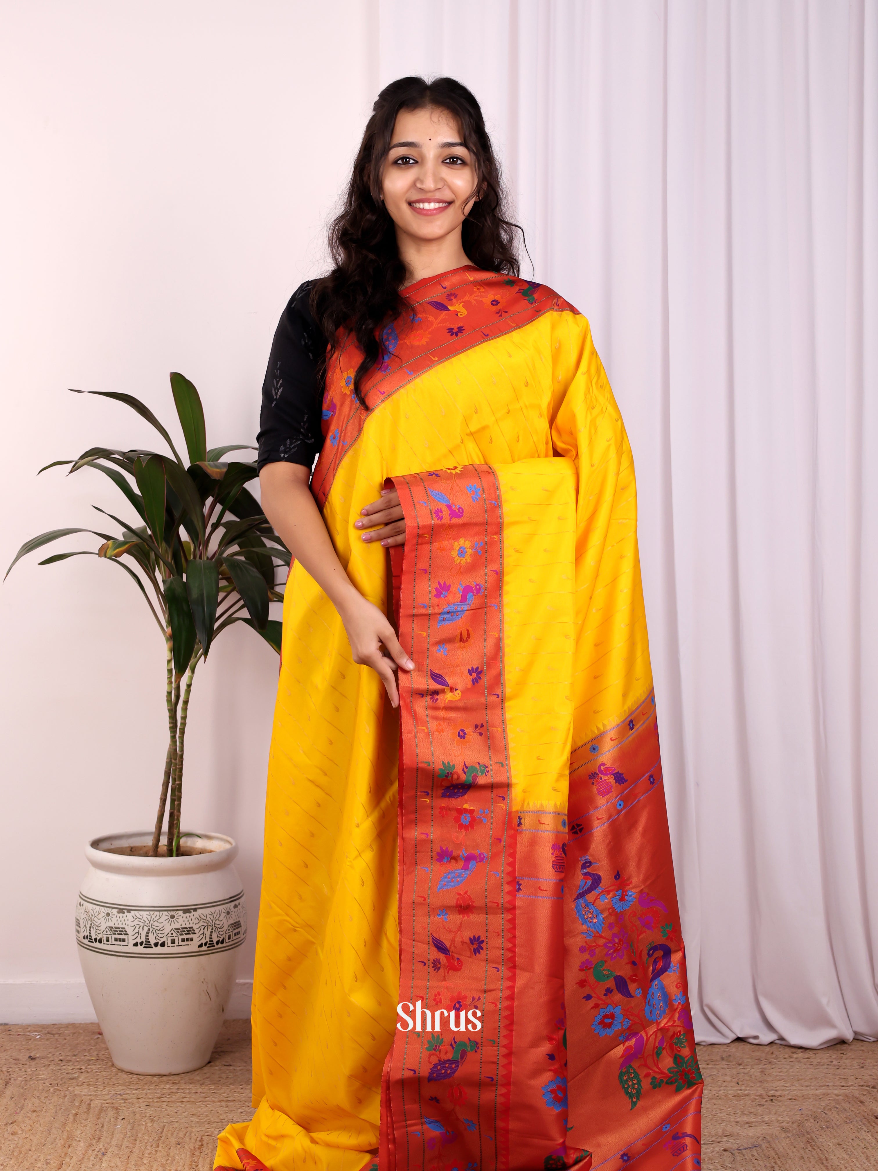 Yellow & Red - Gadwal halfpure Saree