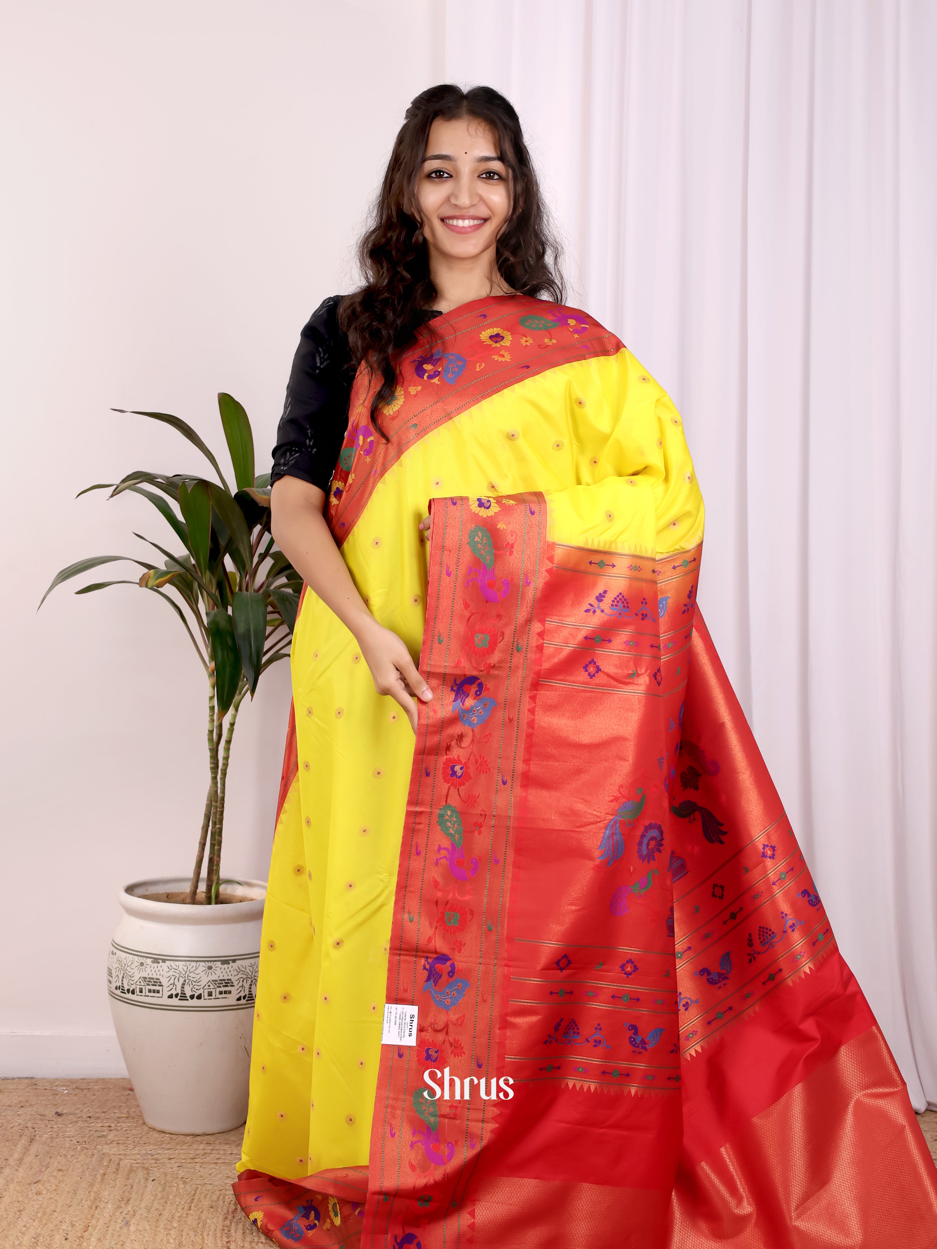 Lemon Yellow & Red - Gadwal halfpure Saree