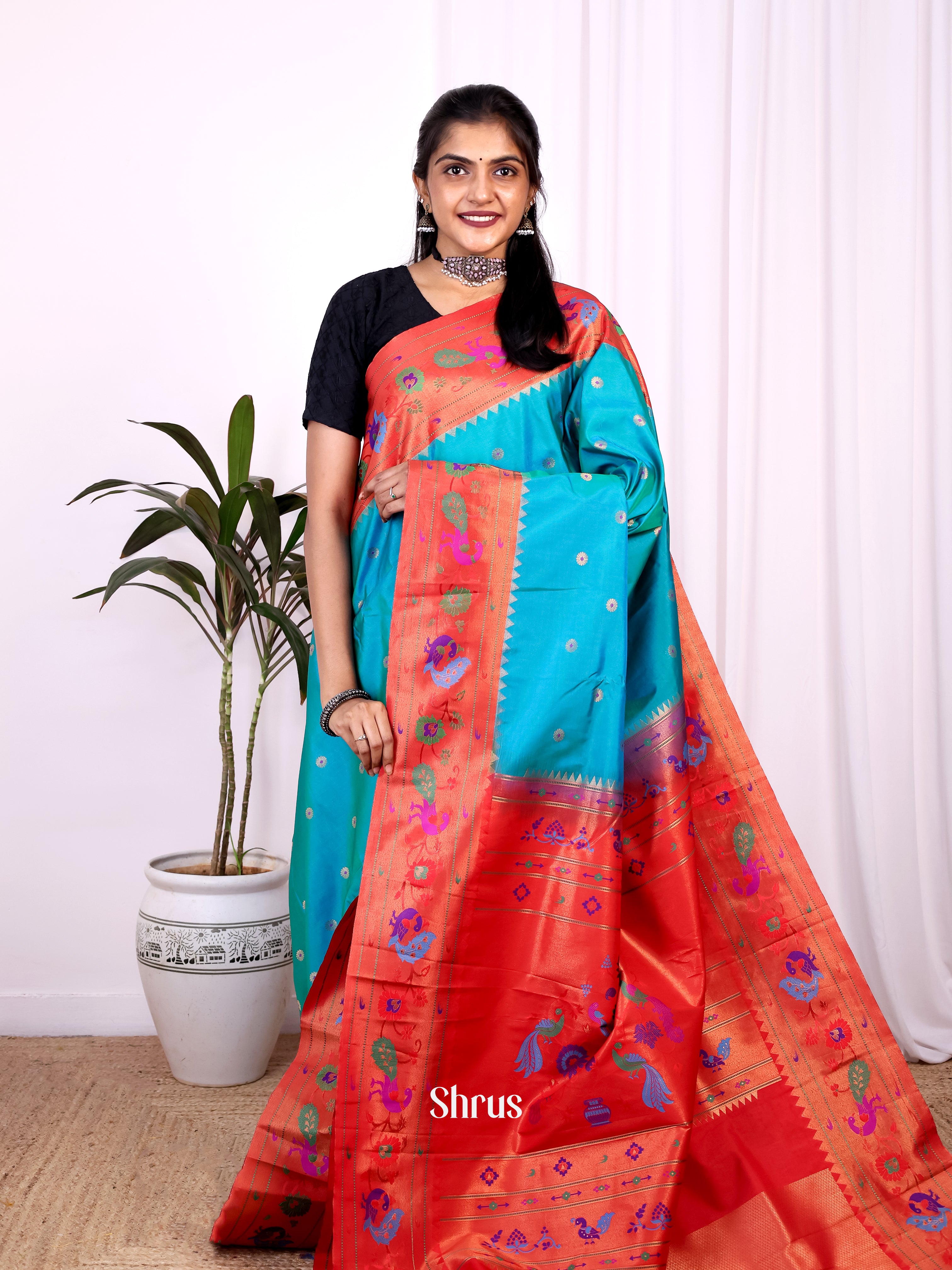 Blue & Red - Gadwal halfpure Saree