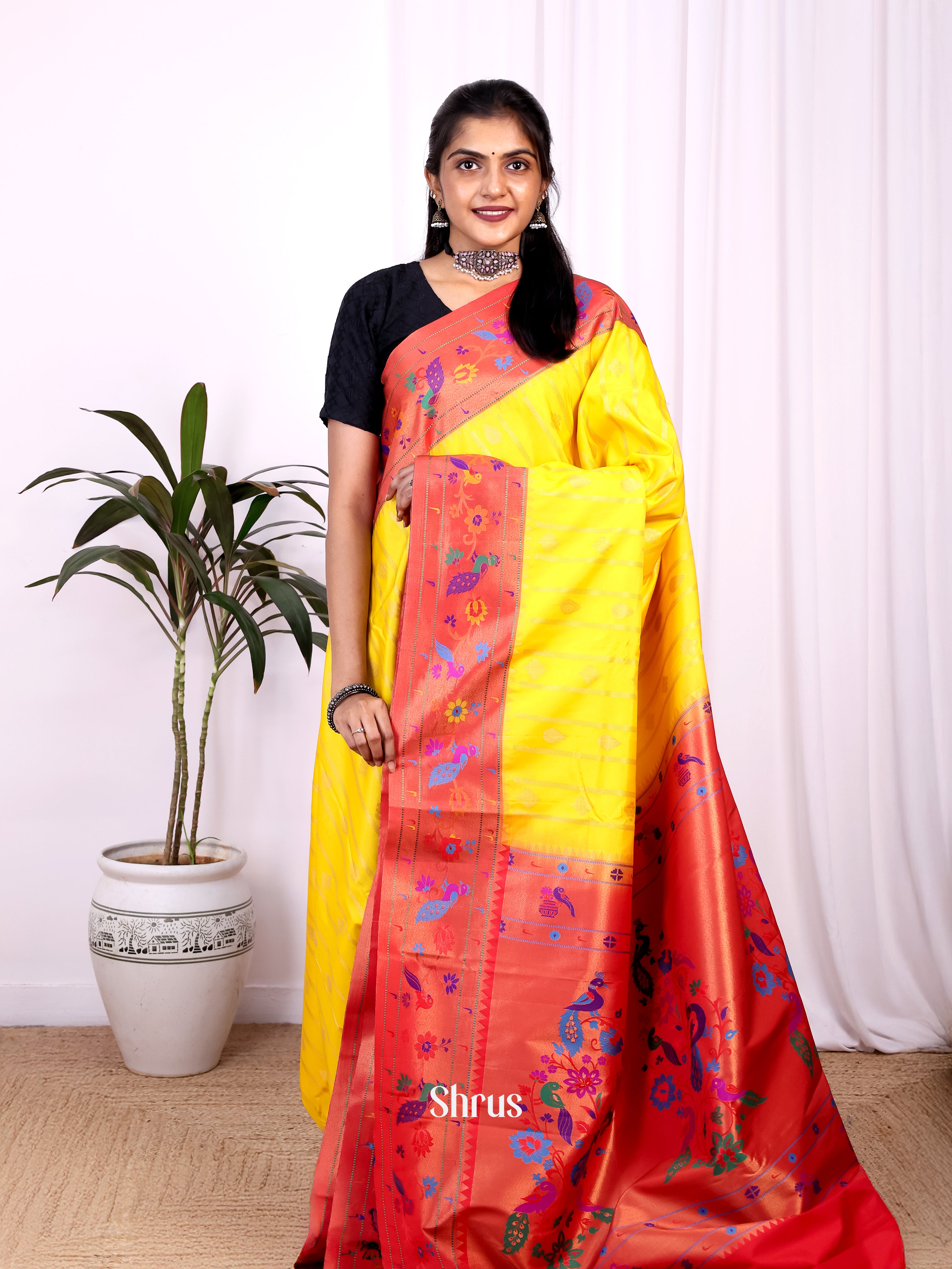 Yellow & Red - Gadwal halfpure Saree