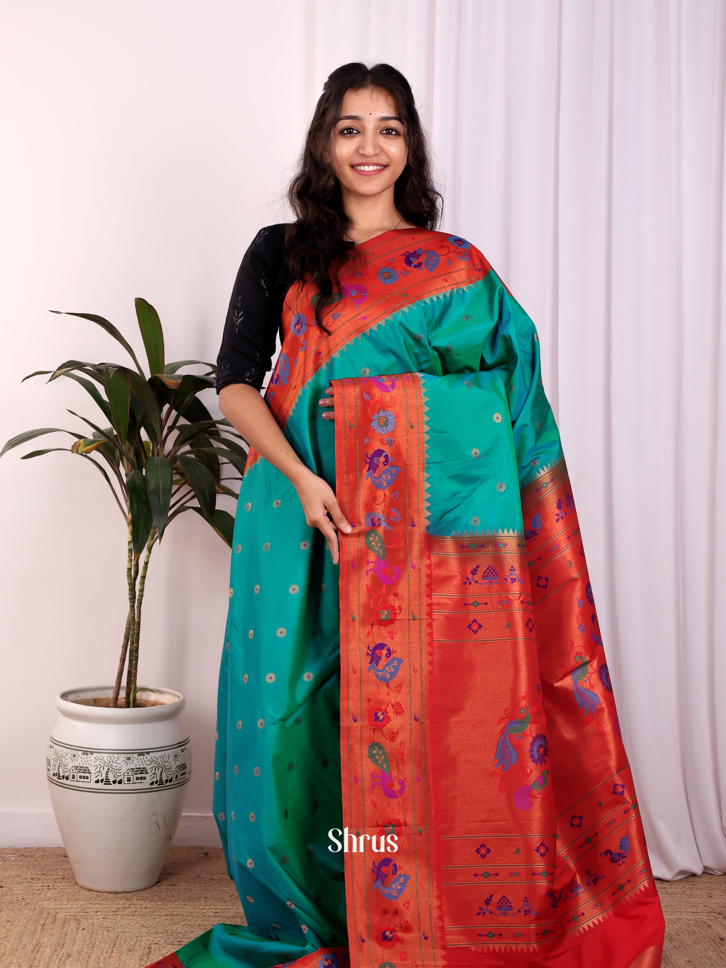 Green & Red - Gadwal halfpure Saree - Shop on Shrus.com