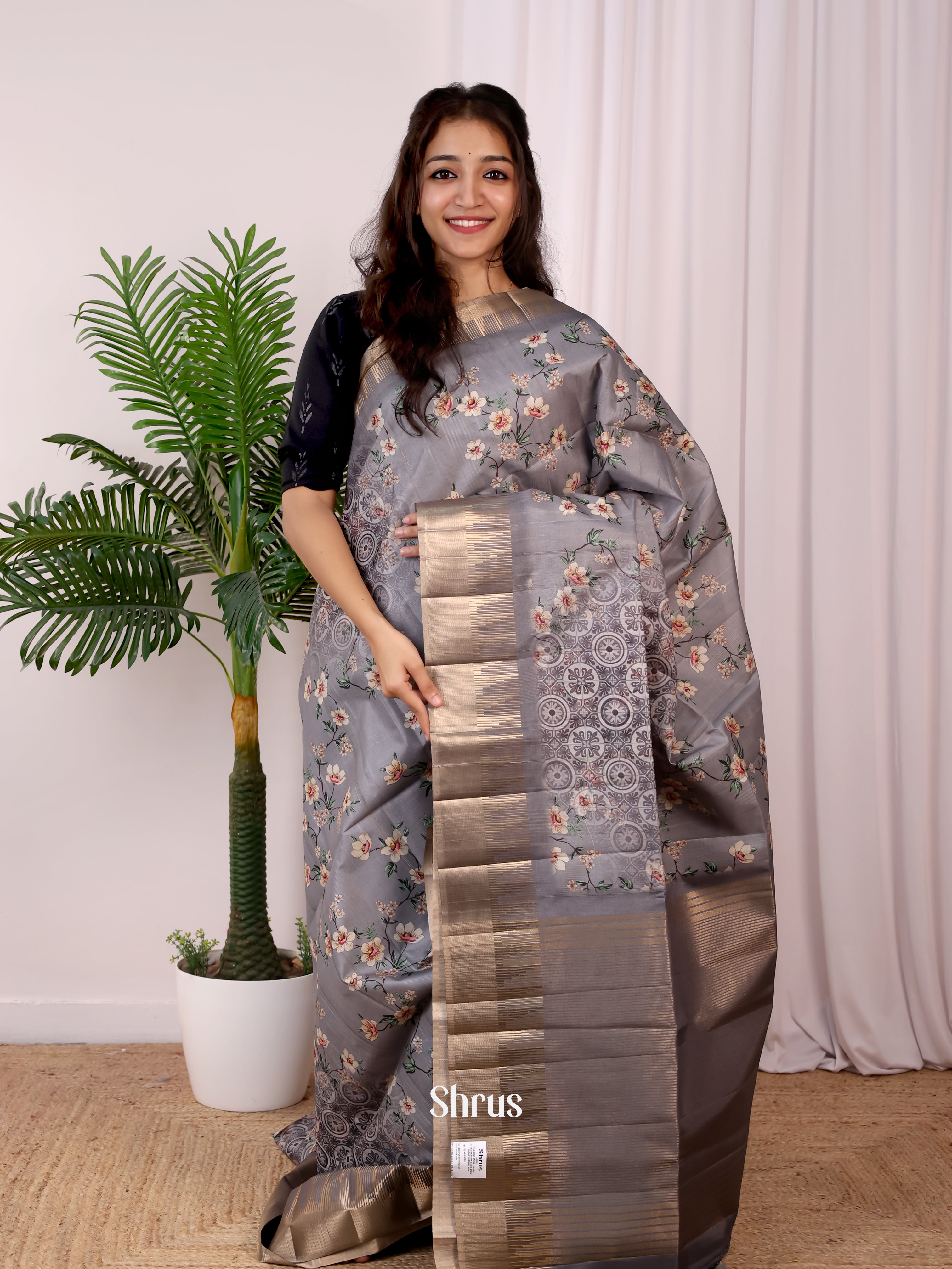 Grey - Semi Tussar Saree