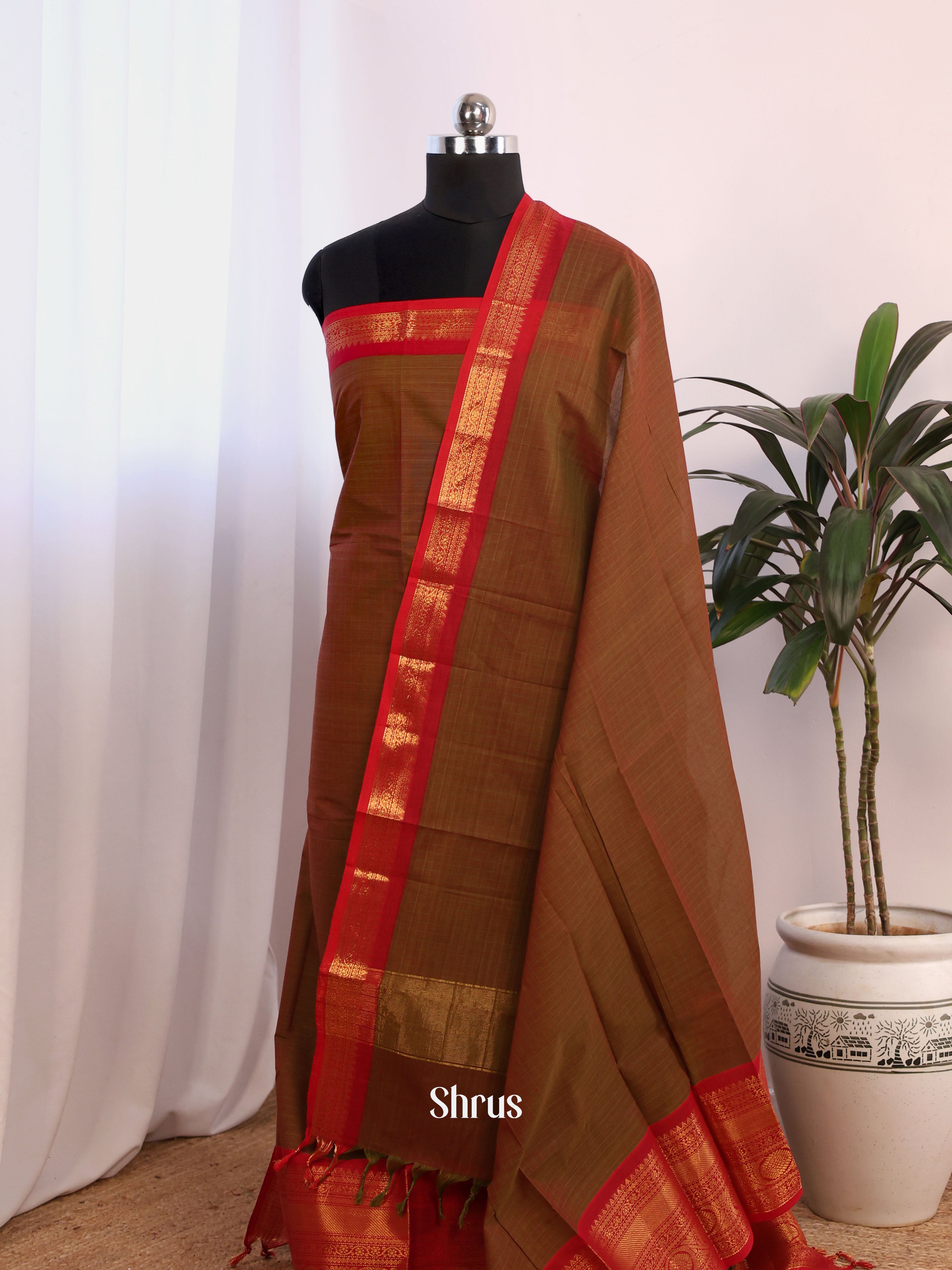 Brown & Red - chettinad top & dupatta combo