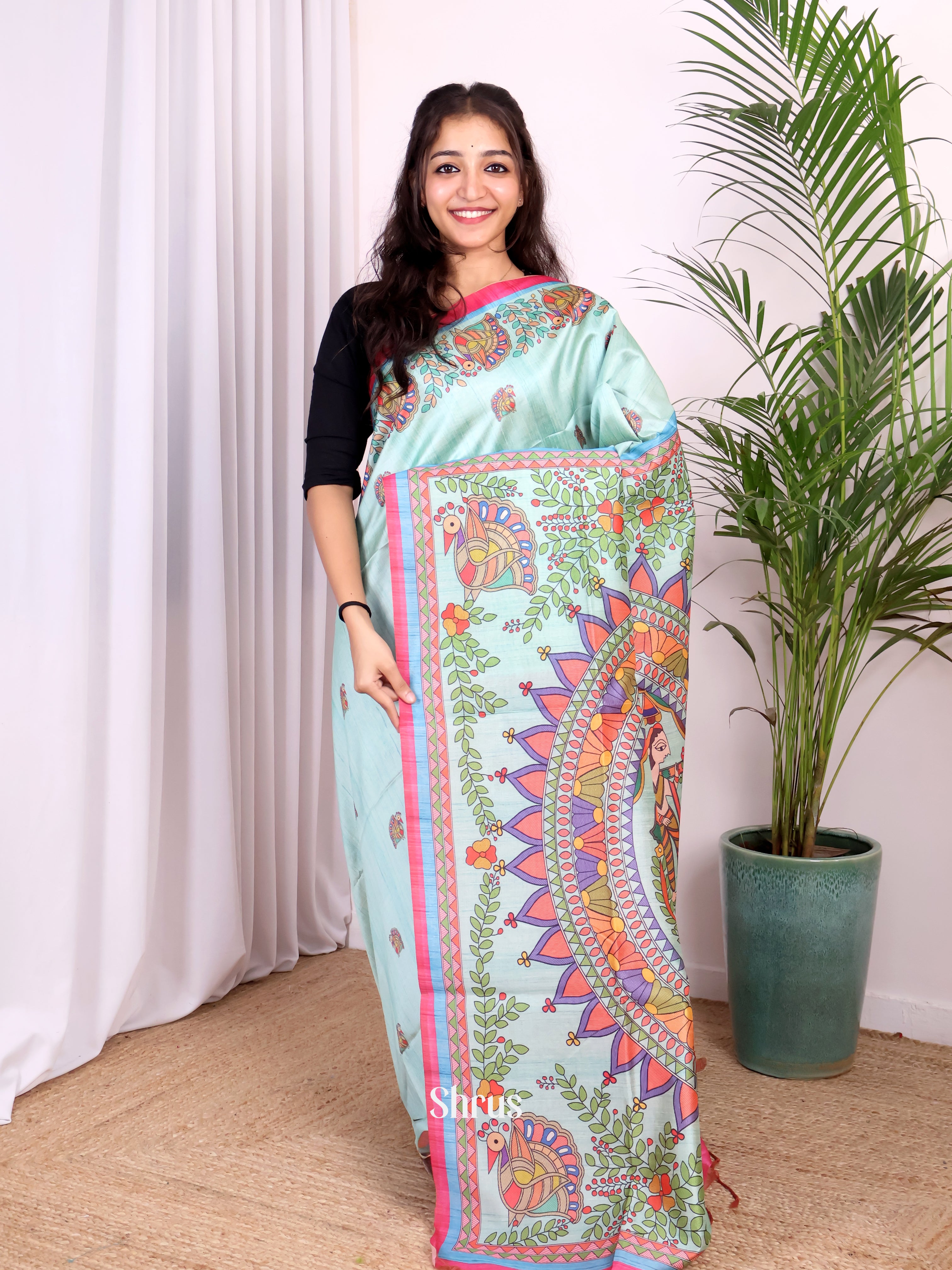 Teal Green & Pink - Champa semitussar Saree