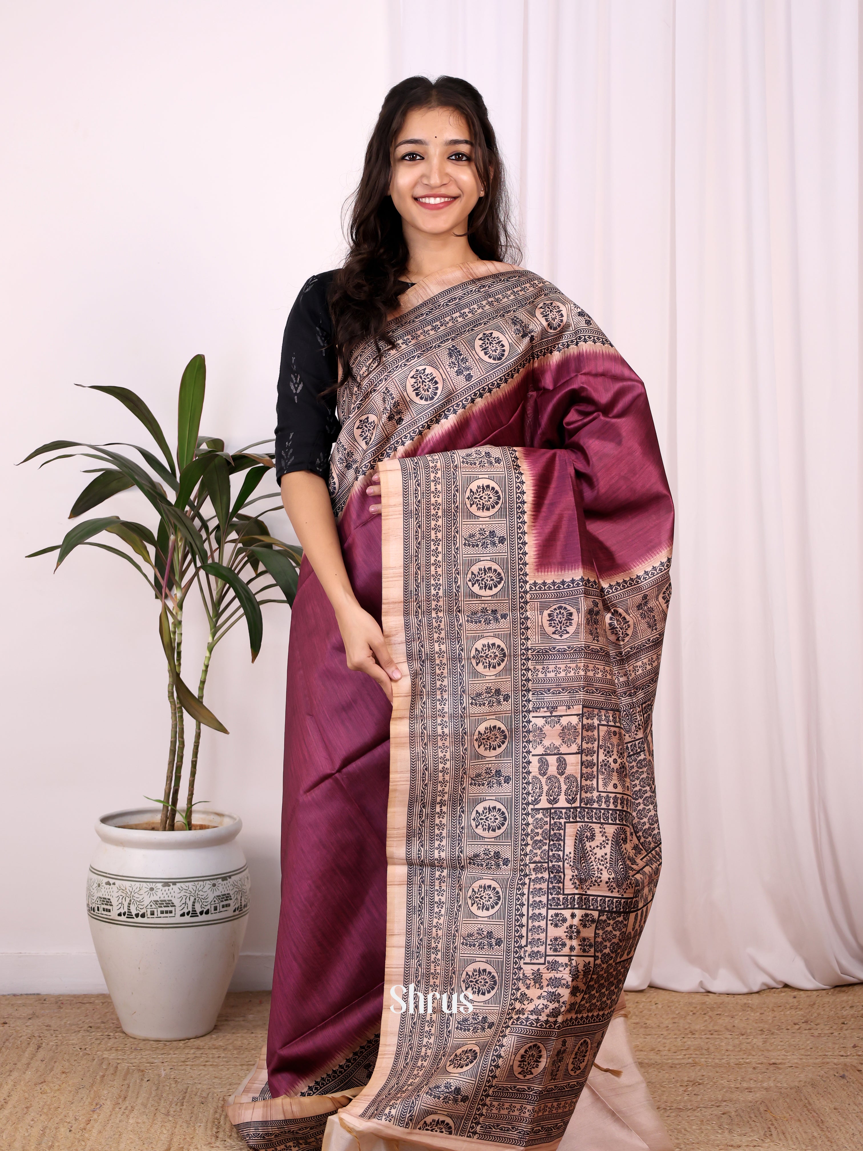 Wine & Lite Brown - Champa semitussar Saree