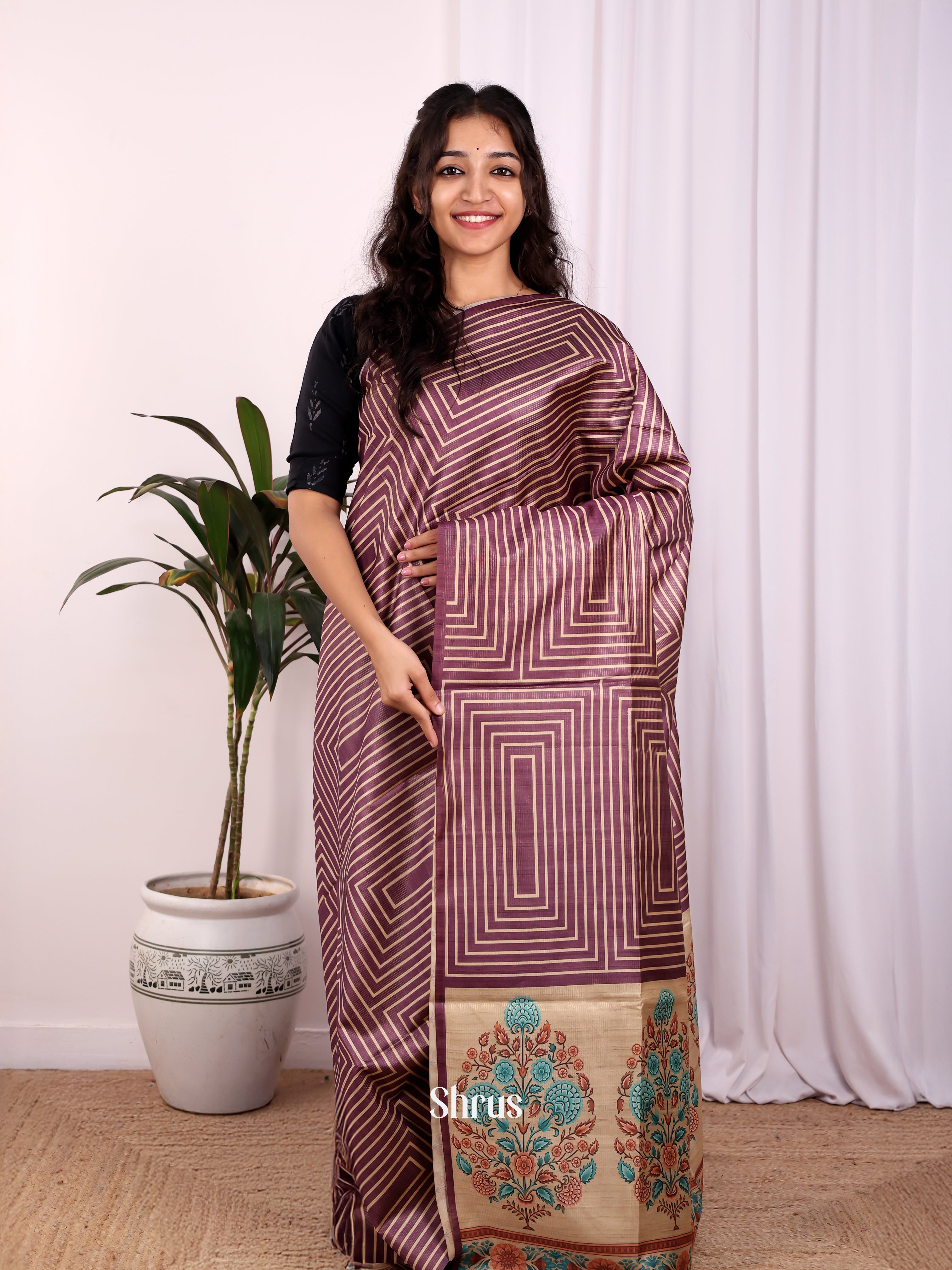 Purple & Beige - Champa semitussar Saree