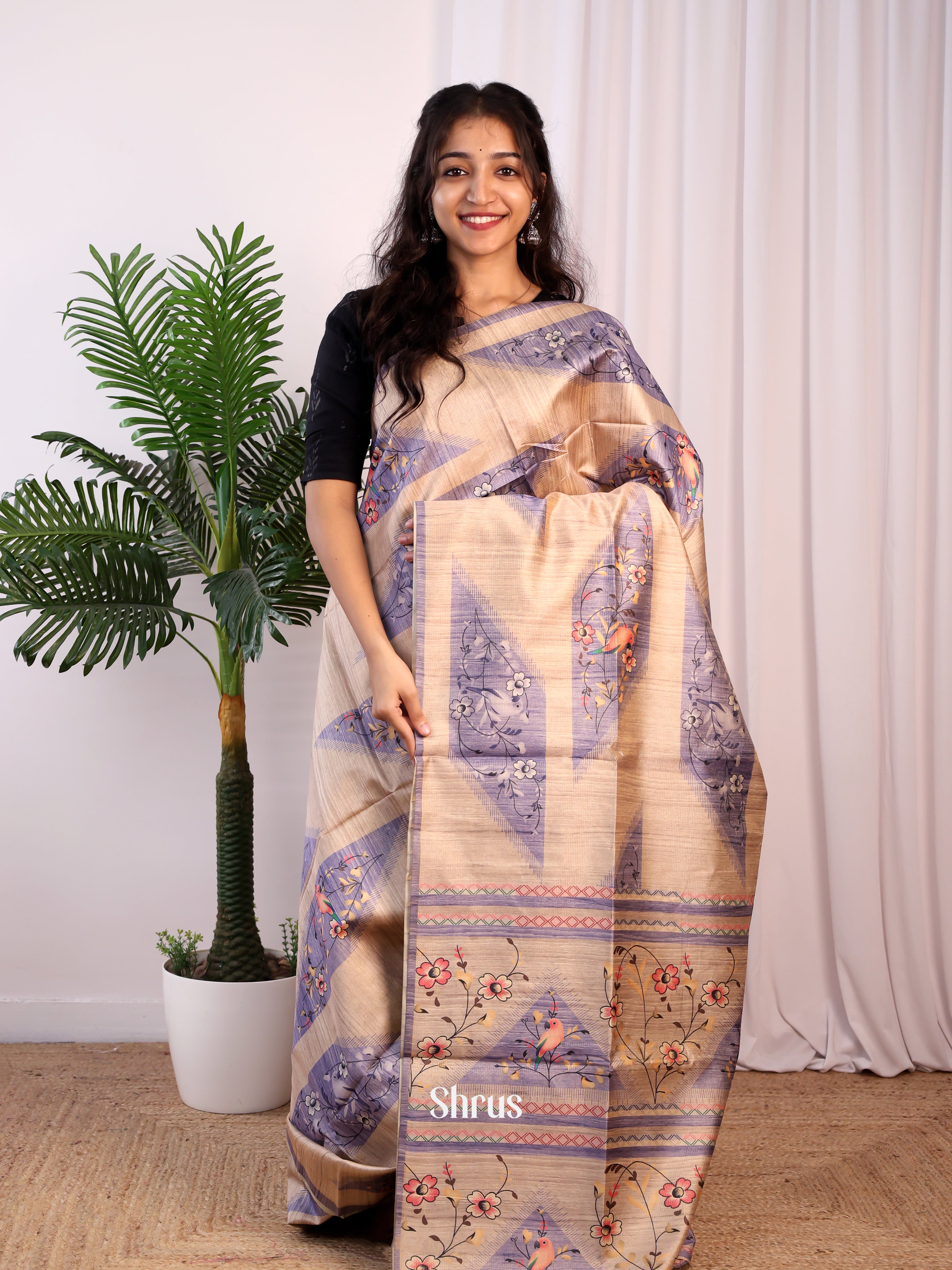 Beige & Purple - Champa semitussar Saree