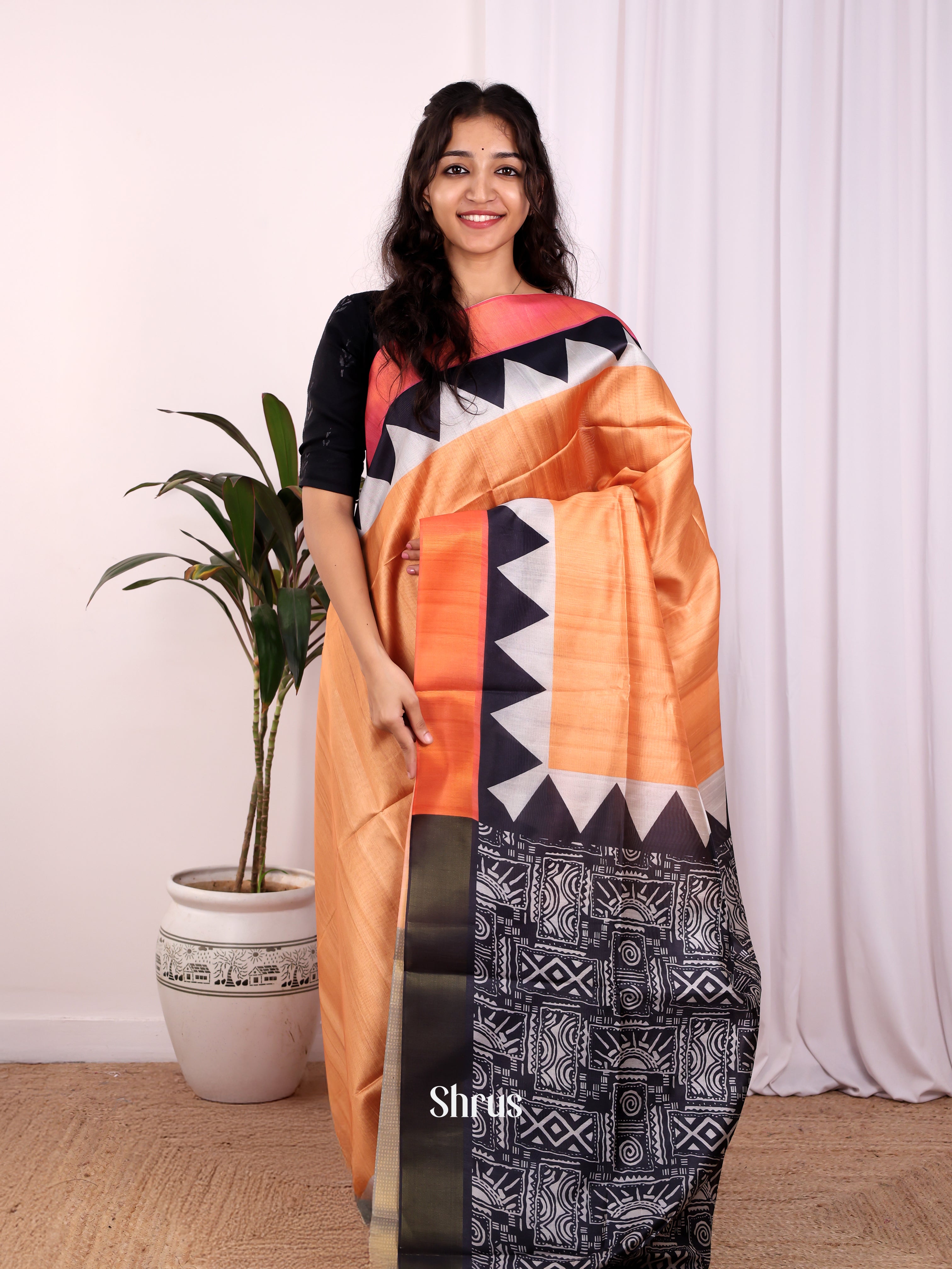 Orange & Black - Champa semitussar Saree