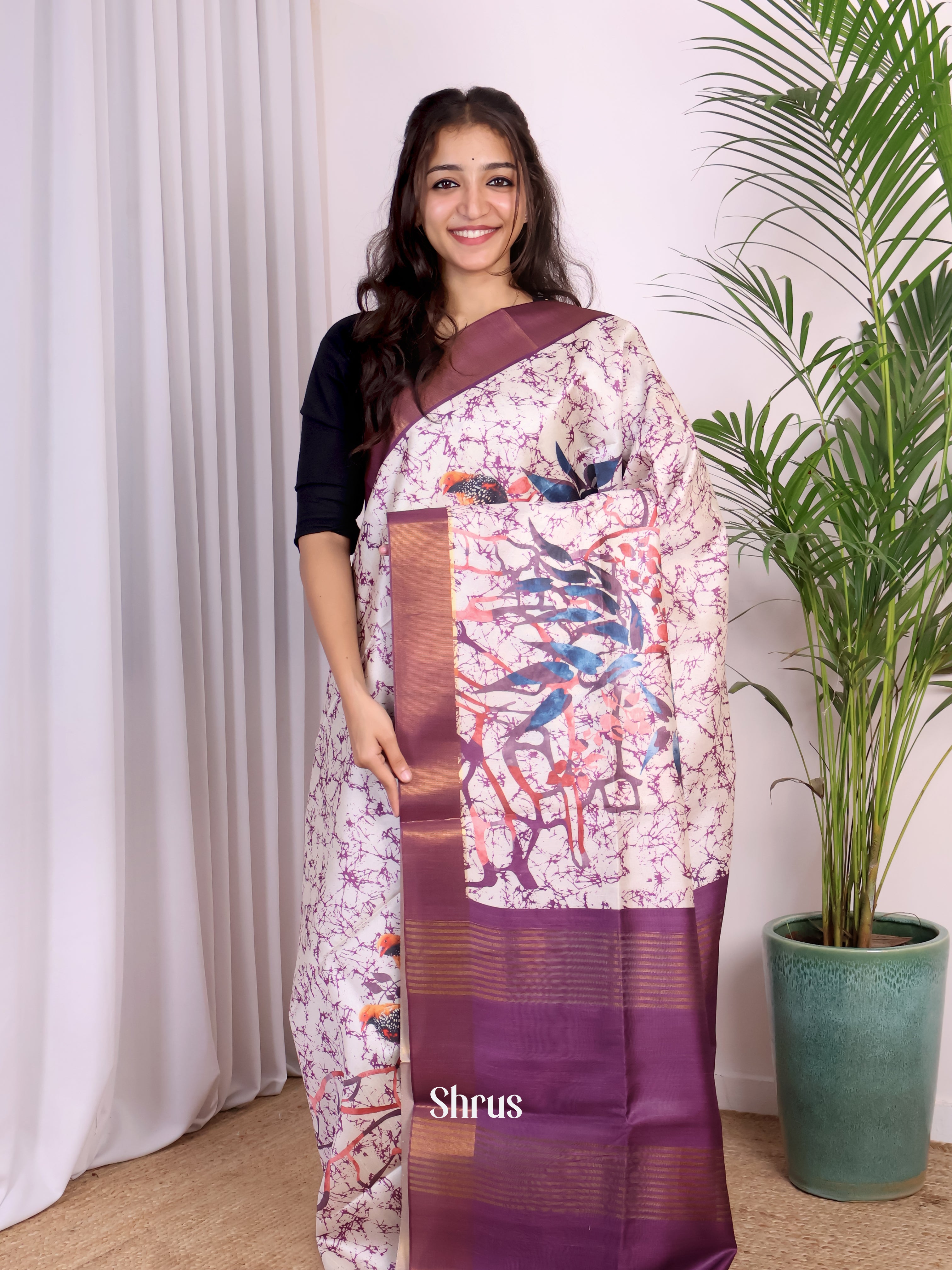 Cream  & Purple - Champa semitussar Saree