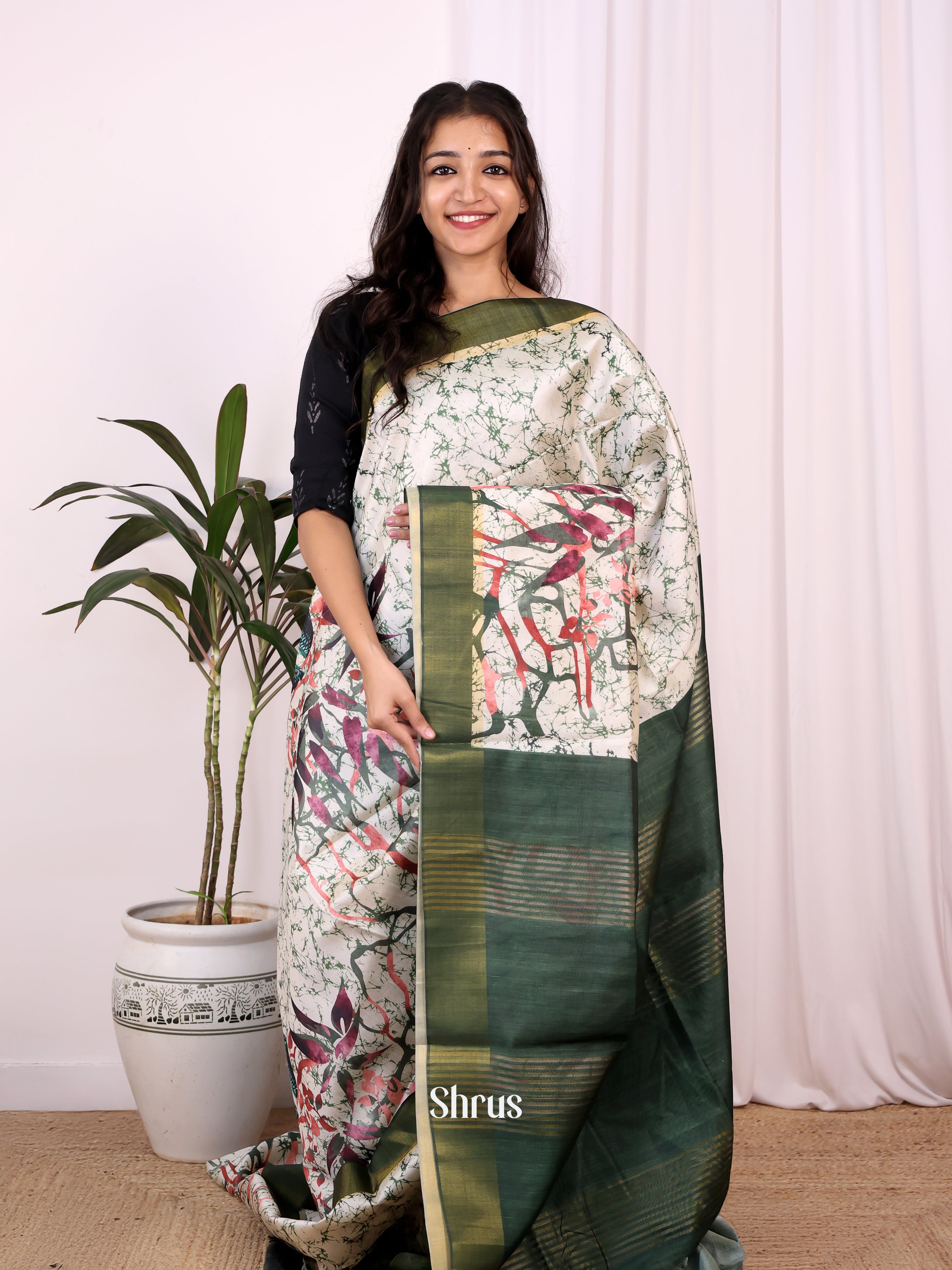 Cream & Green - Champa semitussar Saree