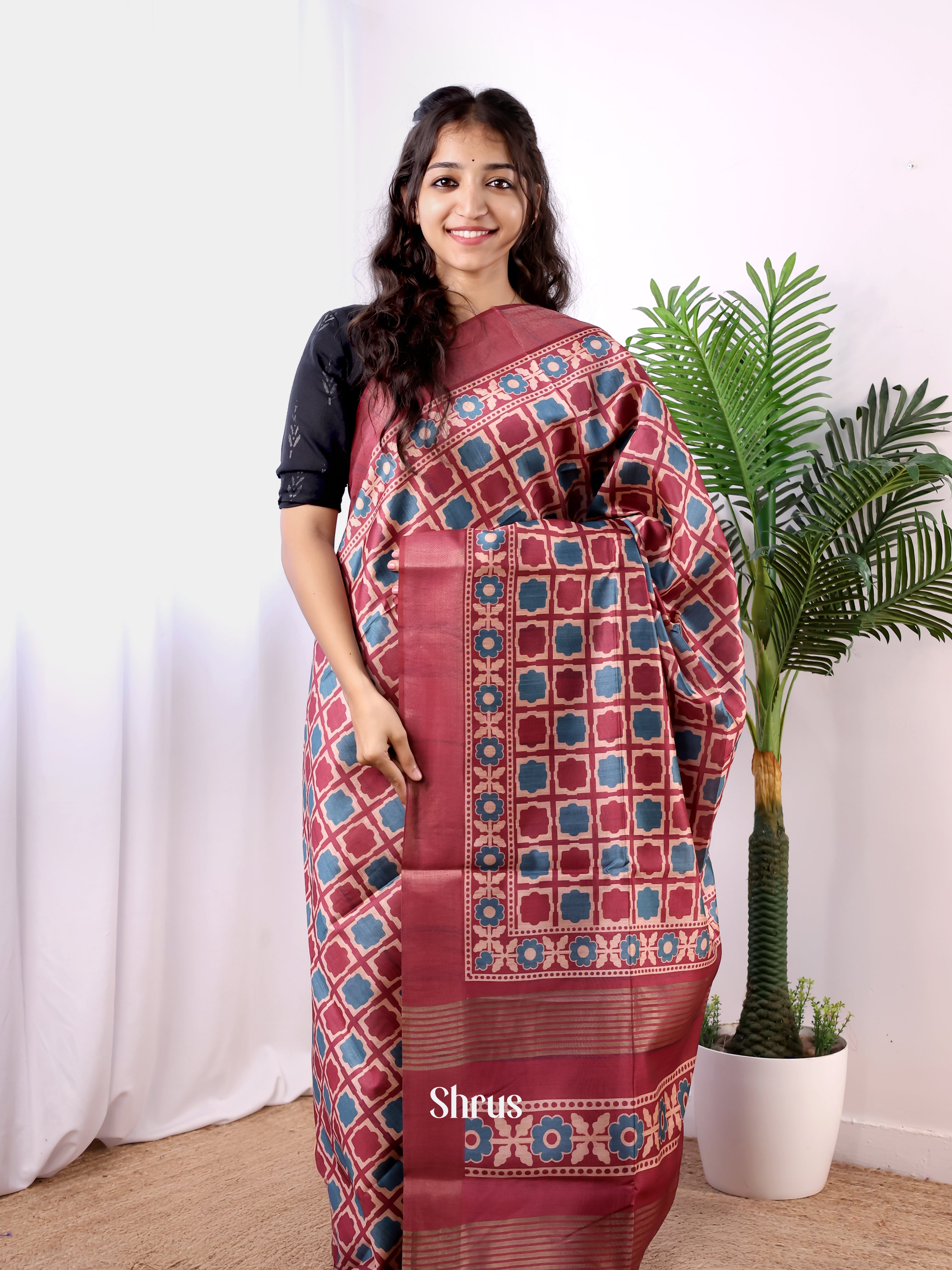 Maroon & Blue - Champa semitussar Saree