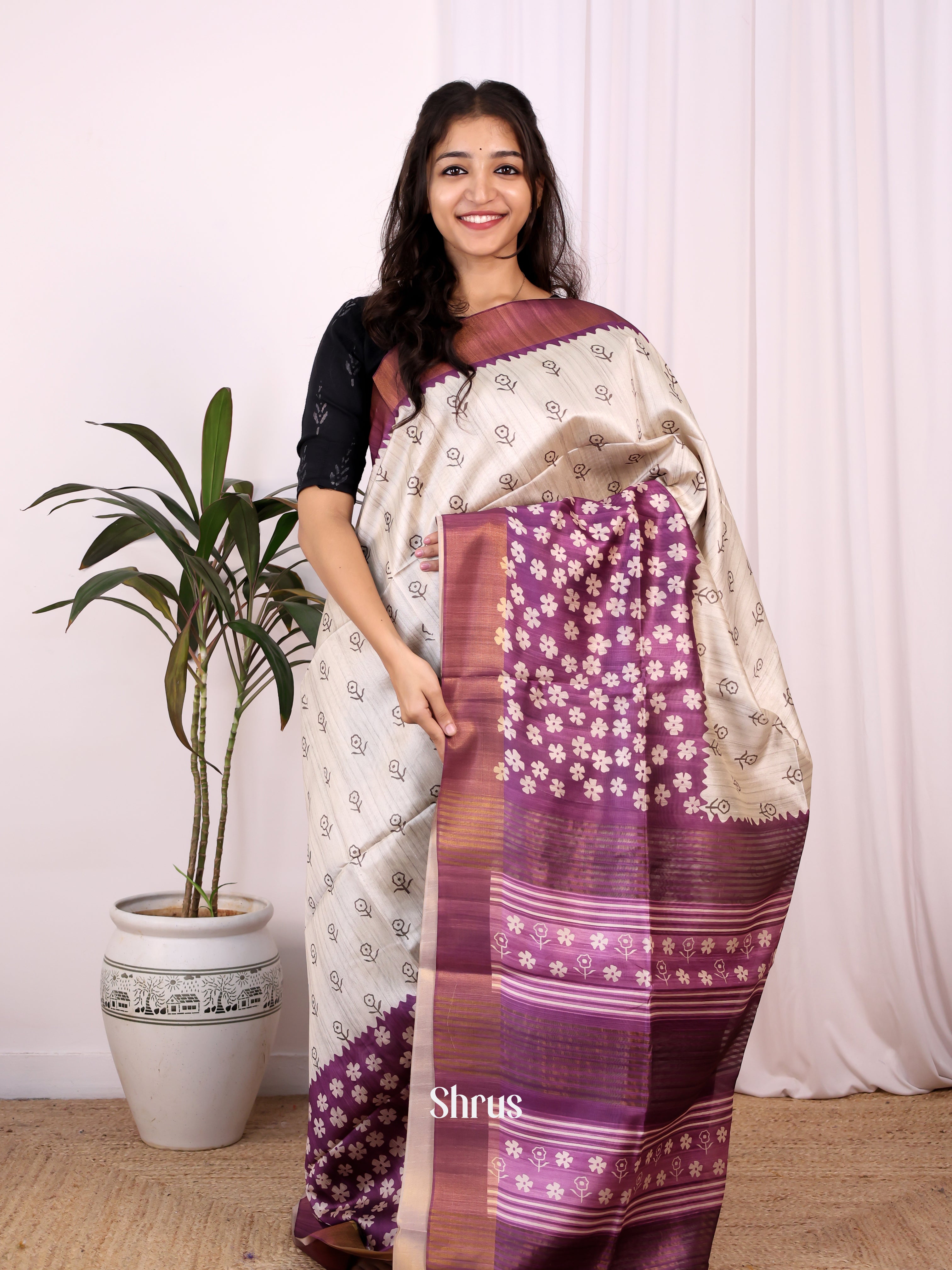 Cream & Purple - Champa semitussar Saree