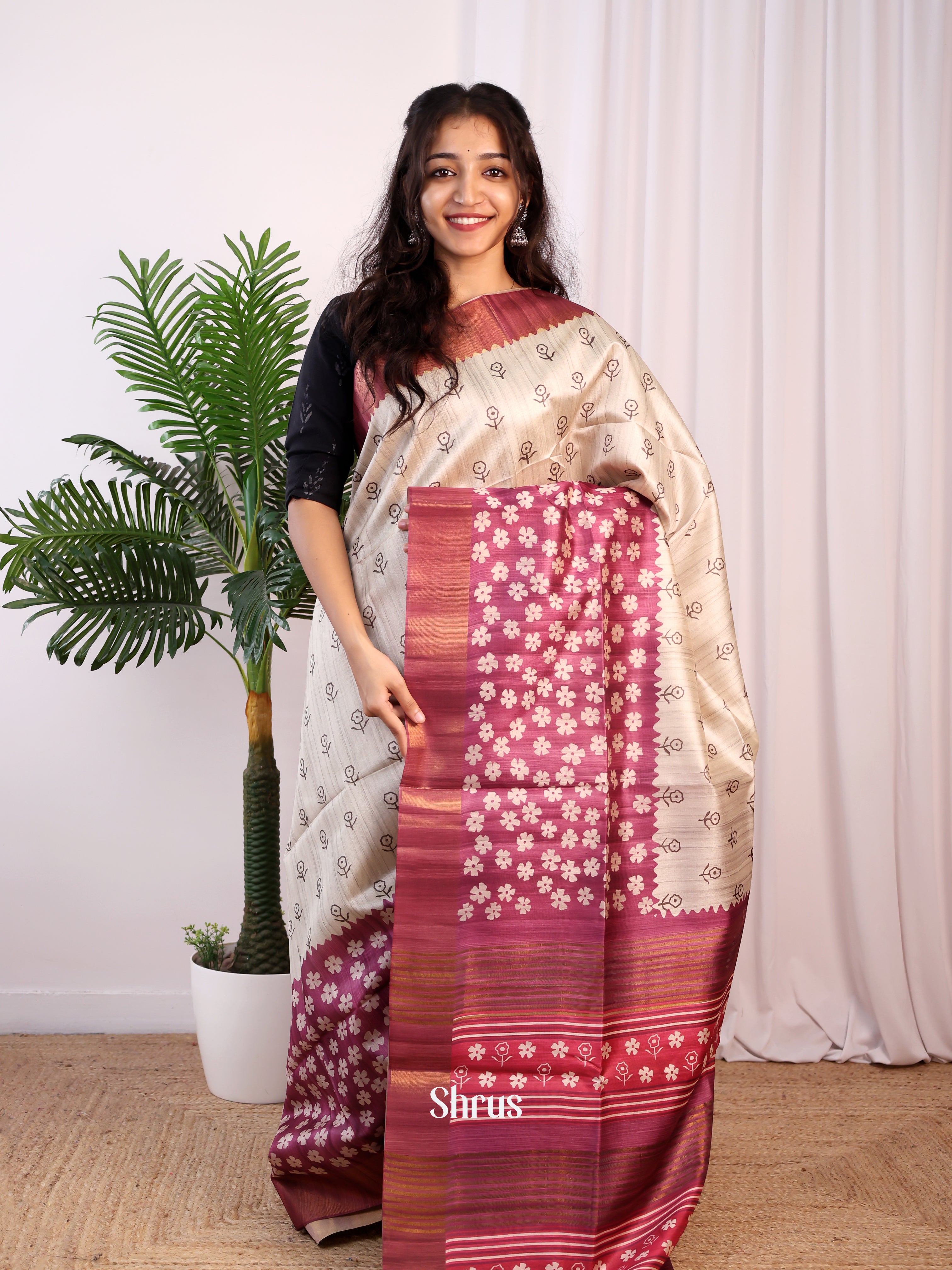 Cream & Maroon- Champa semitussar Saree - Shop on Shrus.com