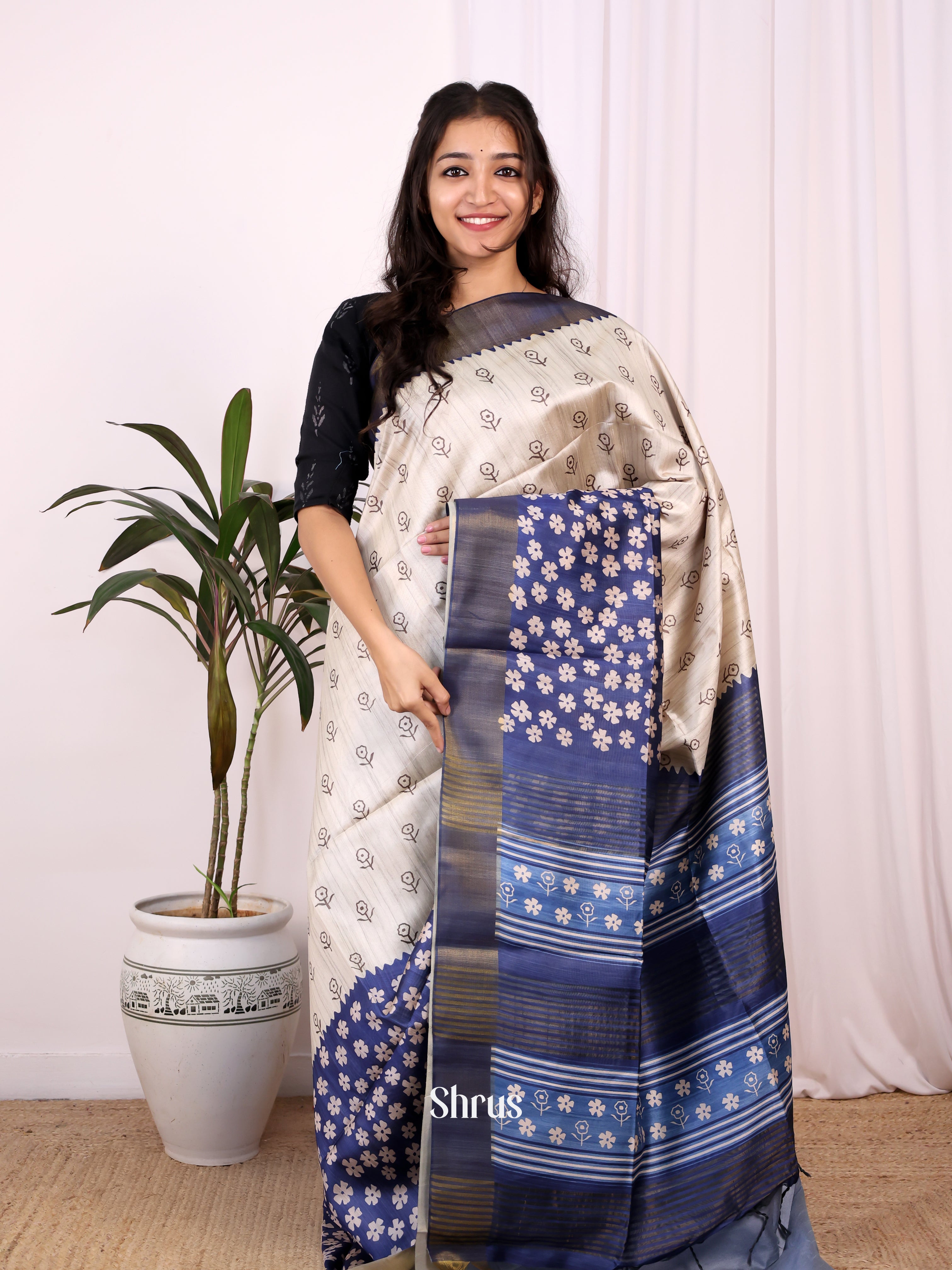 Cream & Blue - Champa semitussar Saree