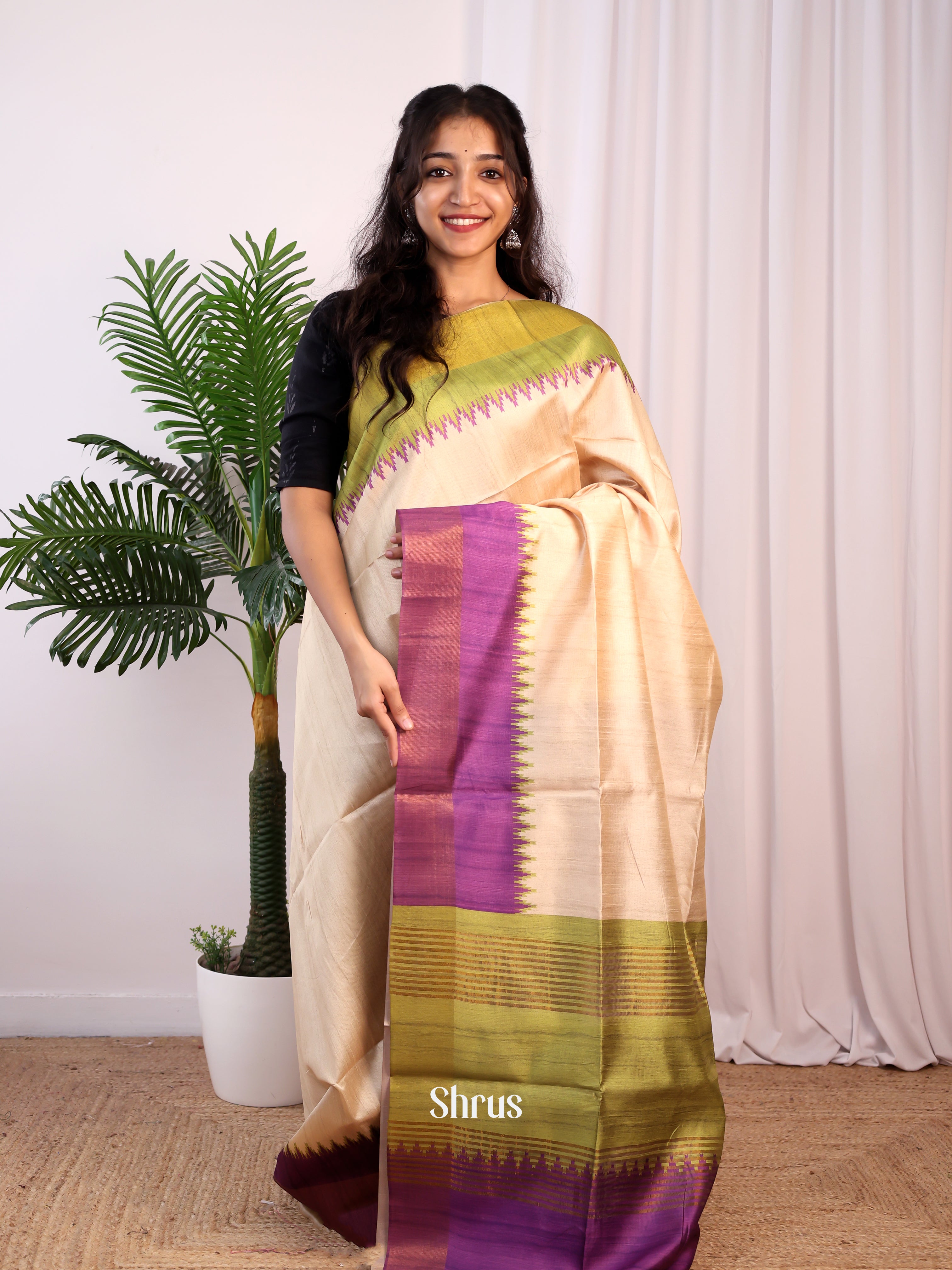 Cream & Purple - Champa semitussar Saree - Shop on Shrus.com