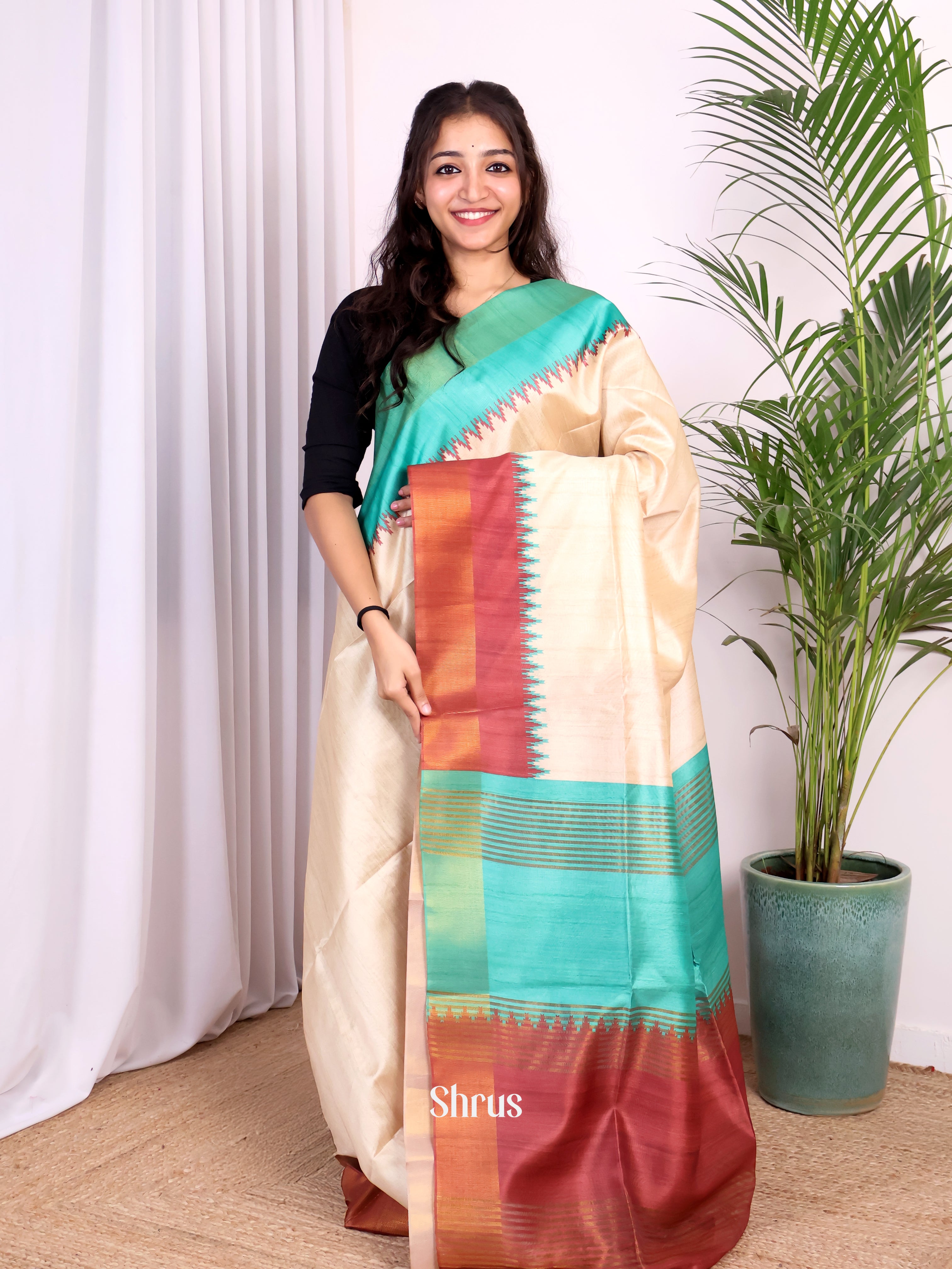 Cream & Brown - Champa semitussar Saree