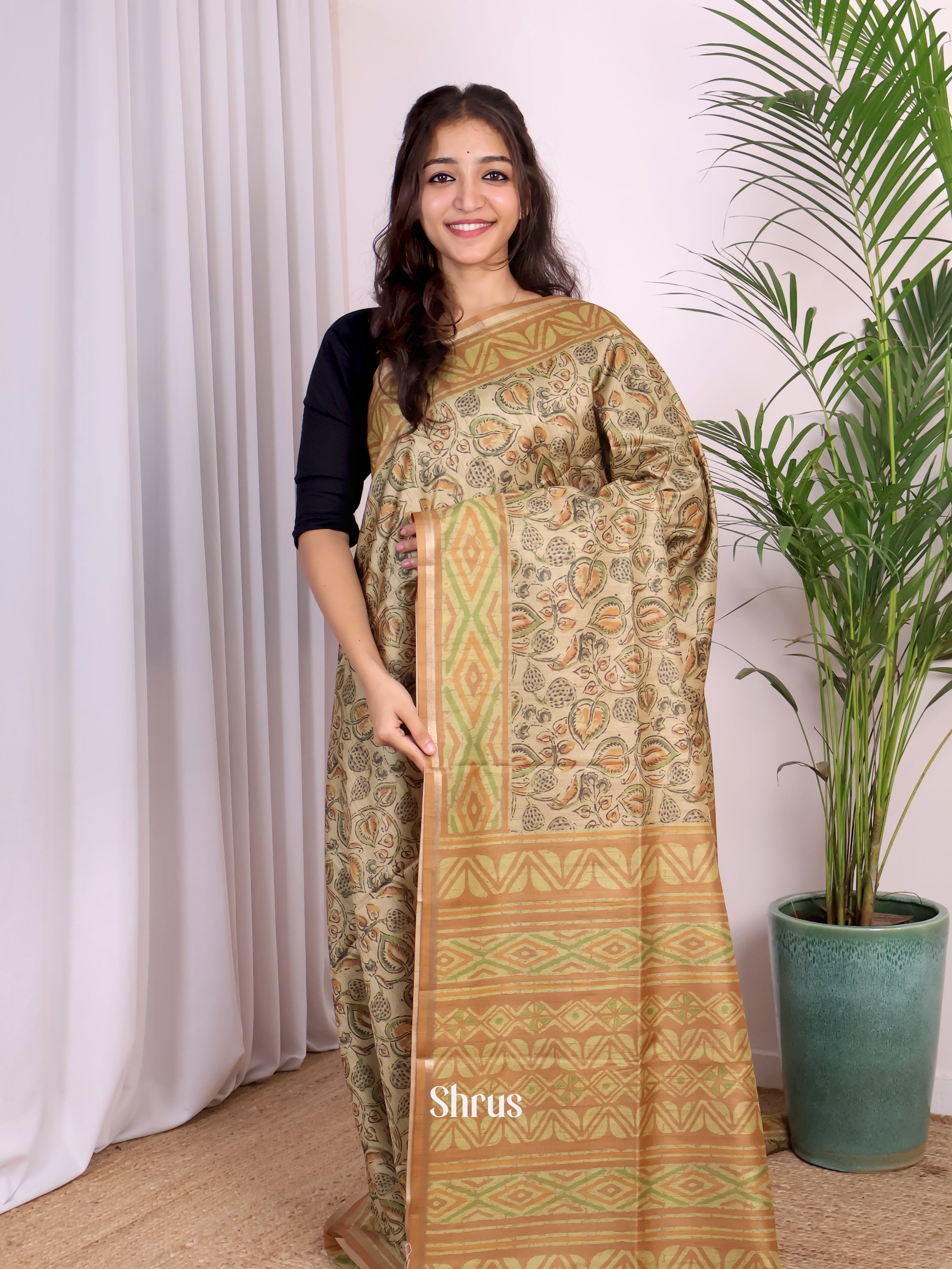 Cream & Brown - Champa semitussar Saree