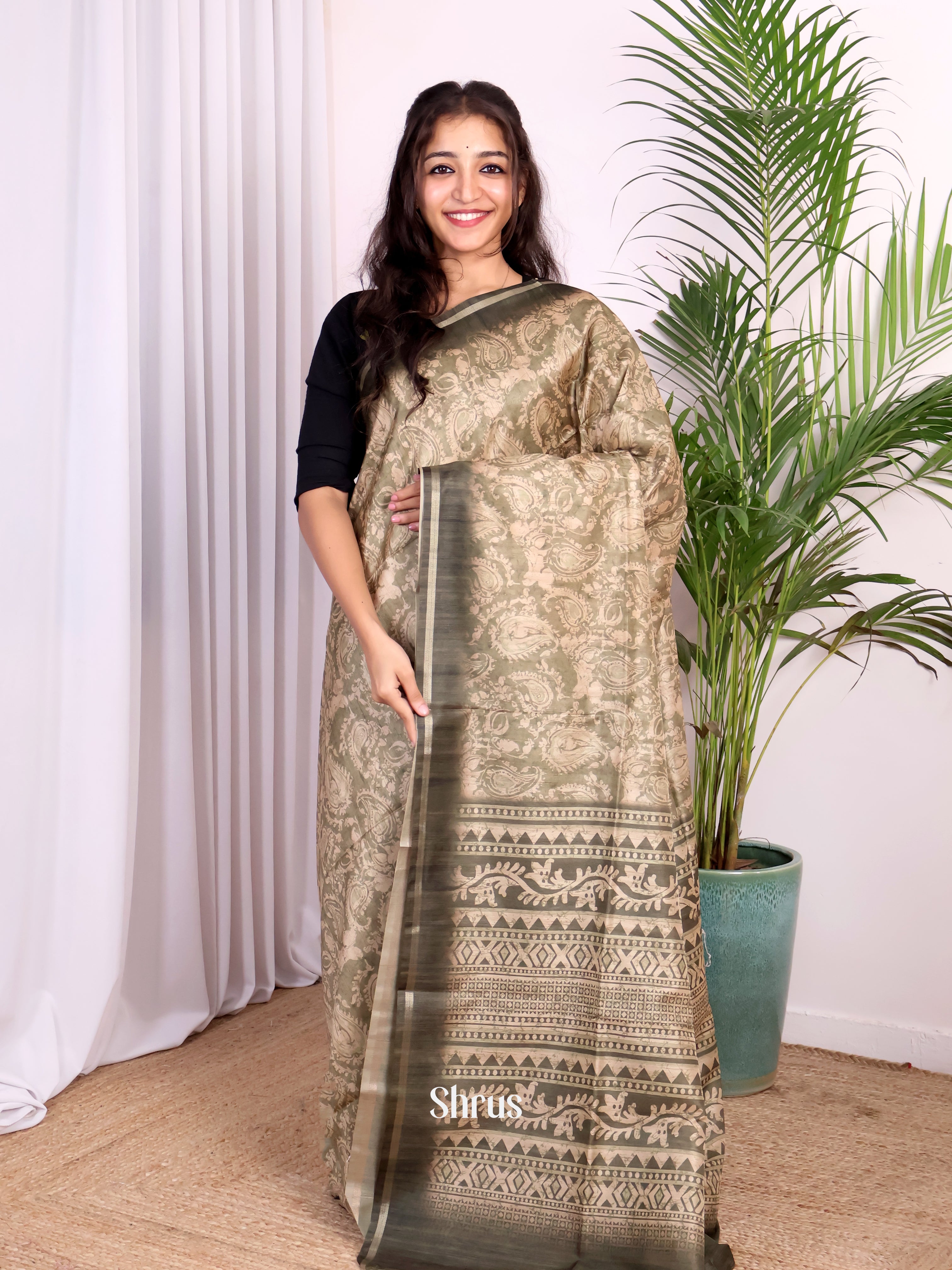 Lite  Grey Green - Champa semitussar Saree