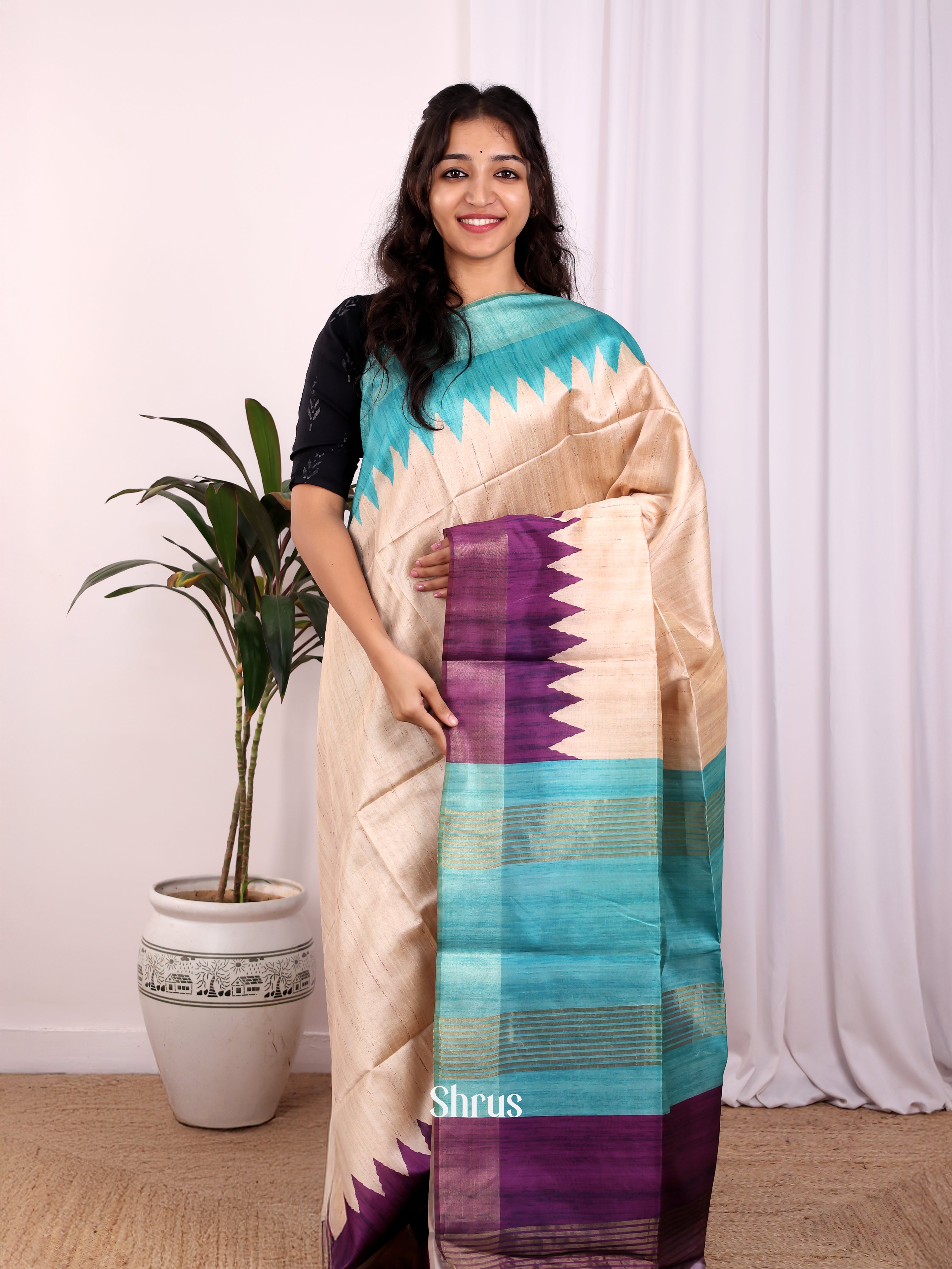 Cream & Purple- Champa semitussar Saree - Shop on Shrus.com