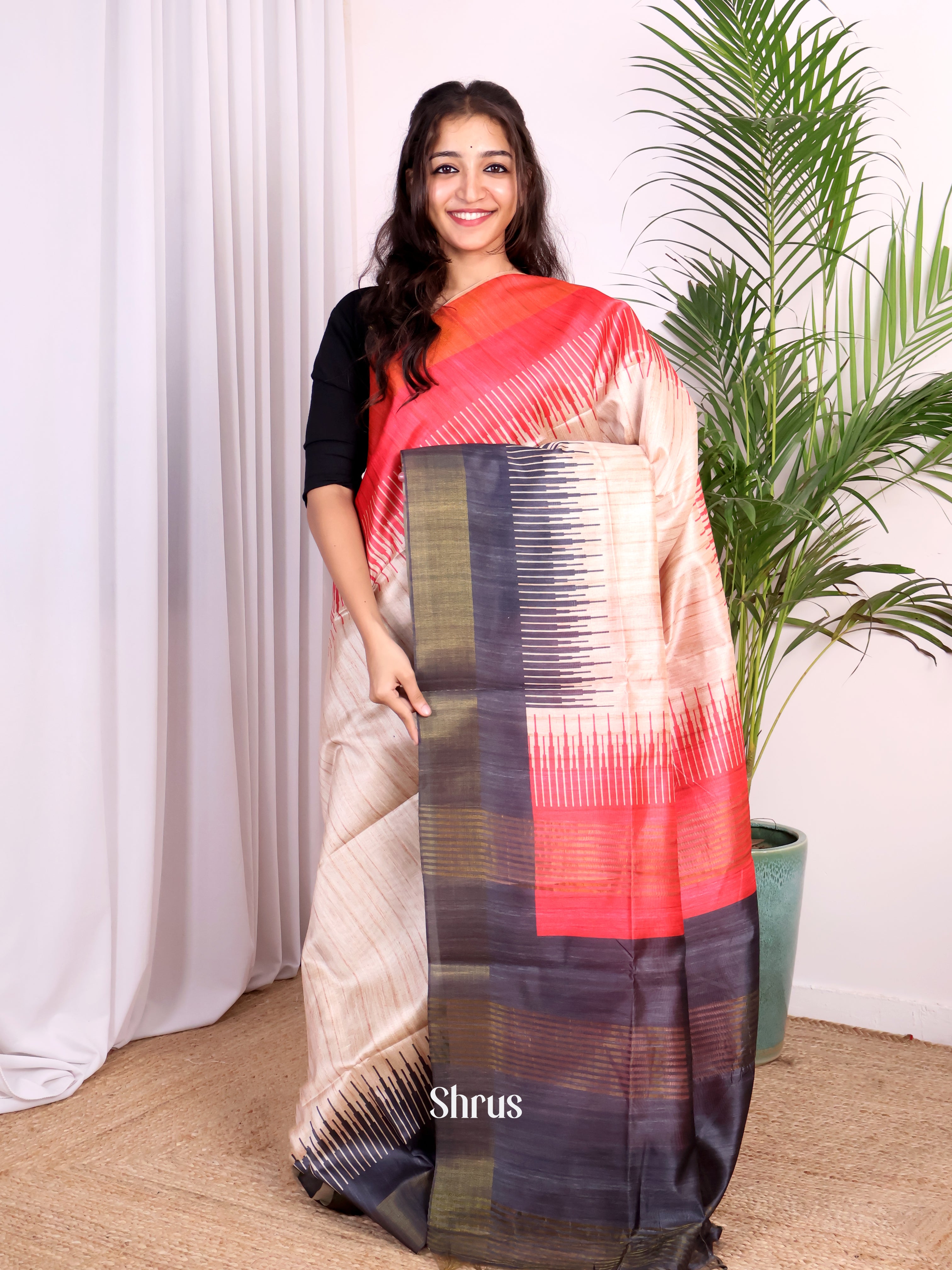 Cream & Red - Champa semitussar Saree