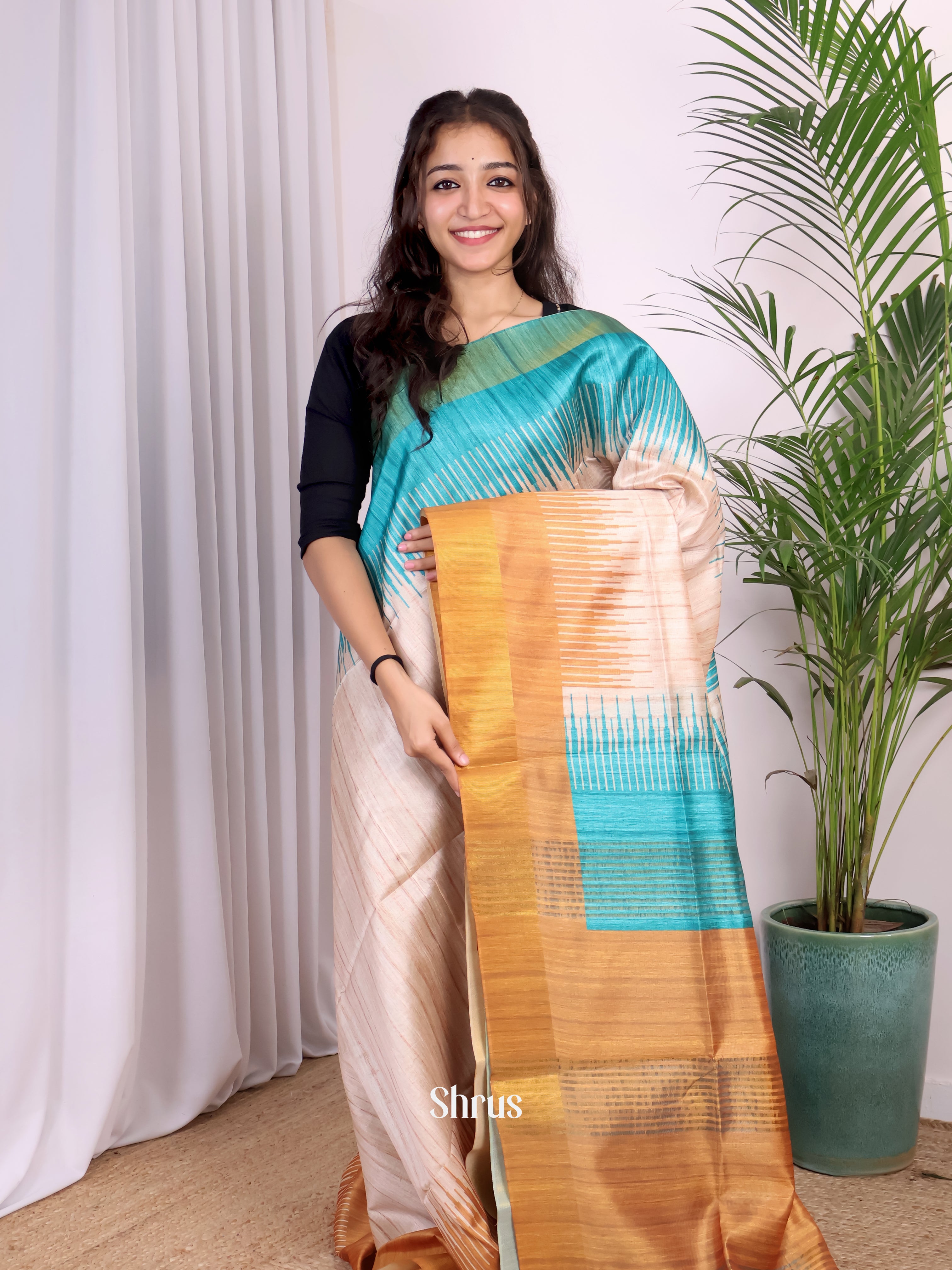 Cream & Brown - Champa semitussar Saree