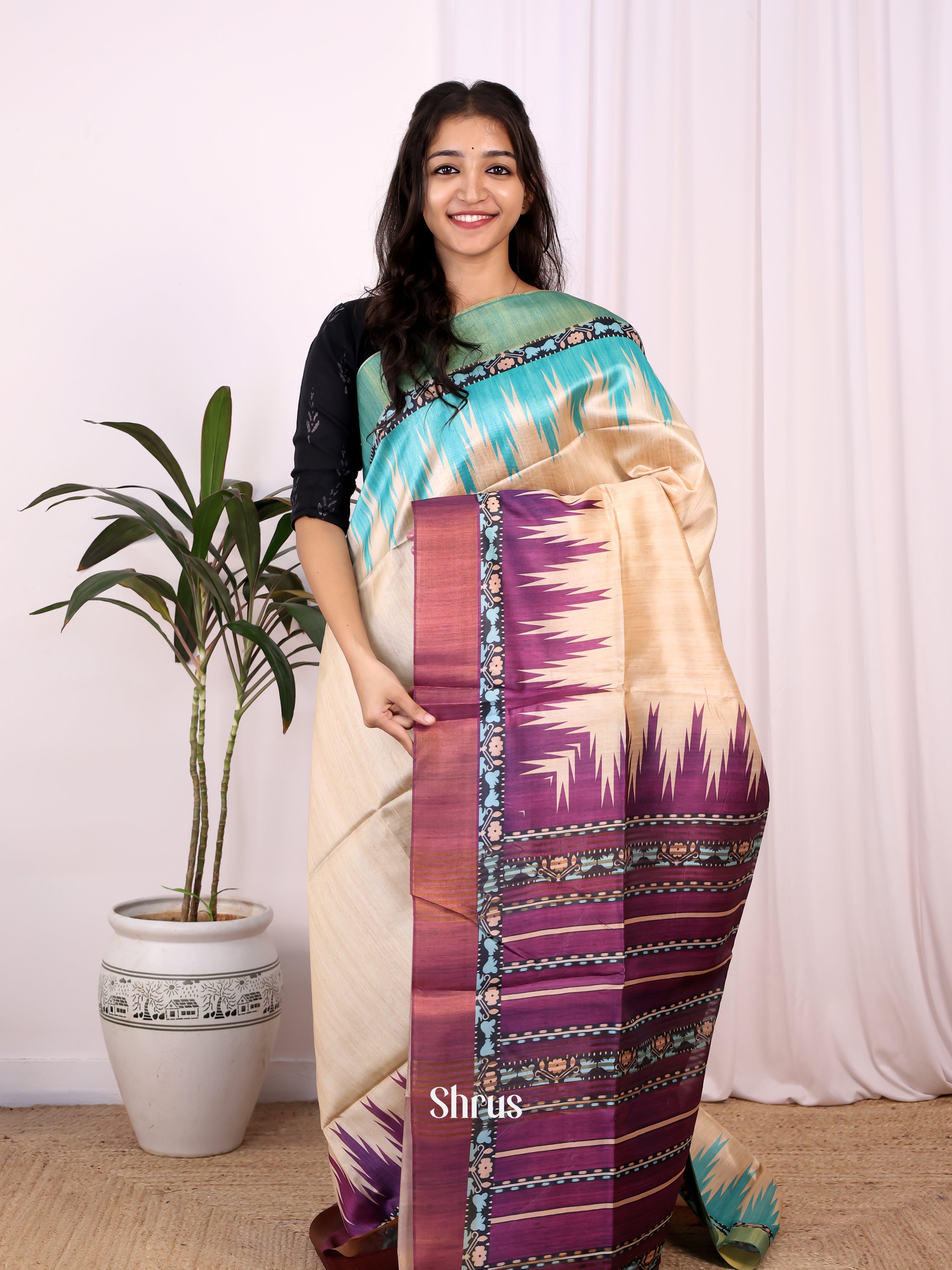 Cream & Purple - Champa semitussar Saree