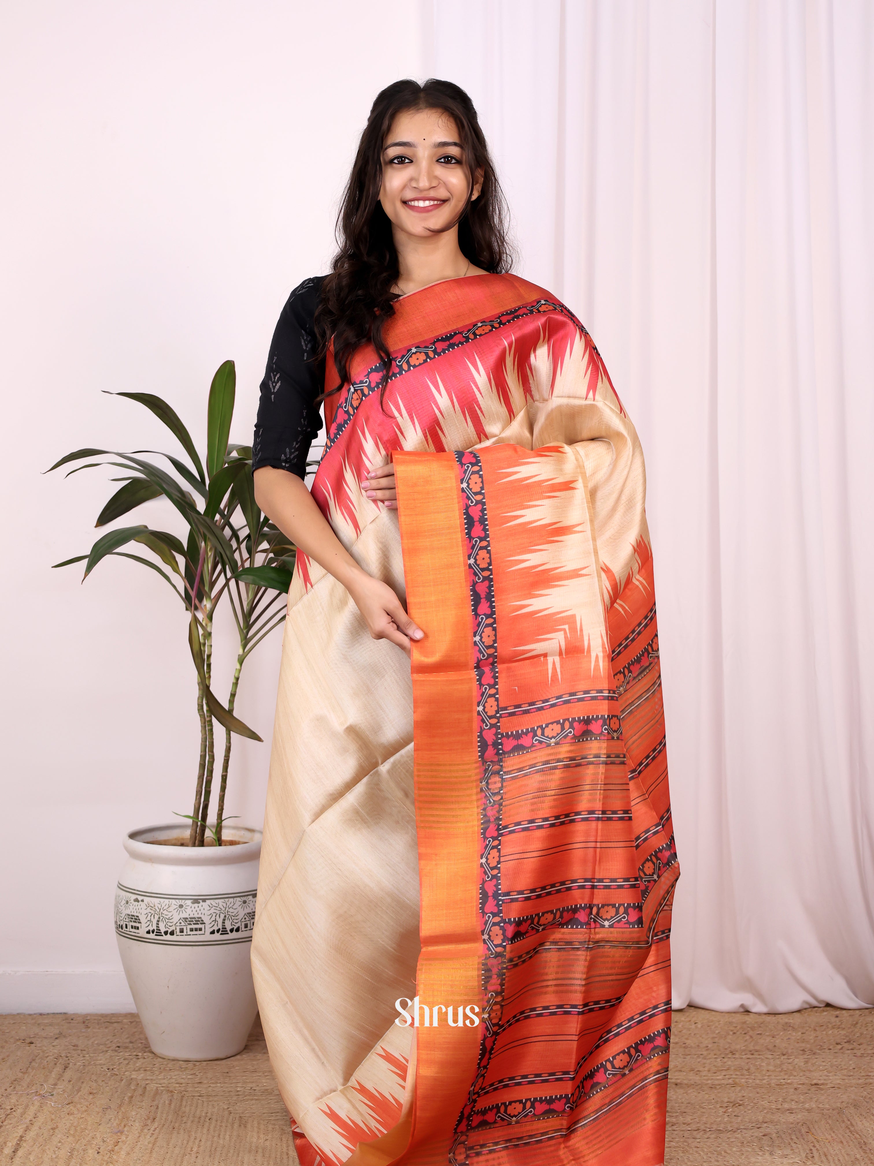 Cream & Orange - Champa semitussar Saree