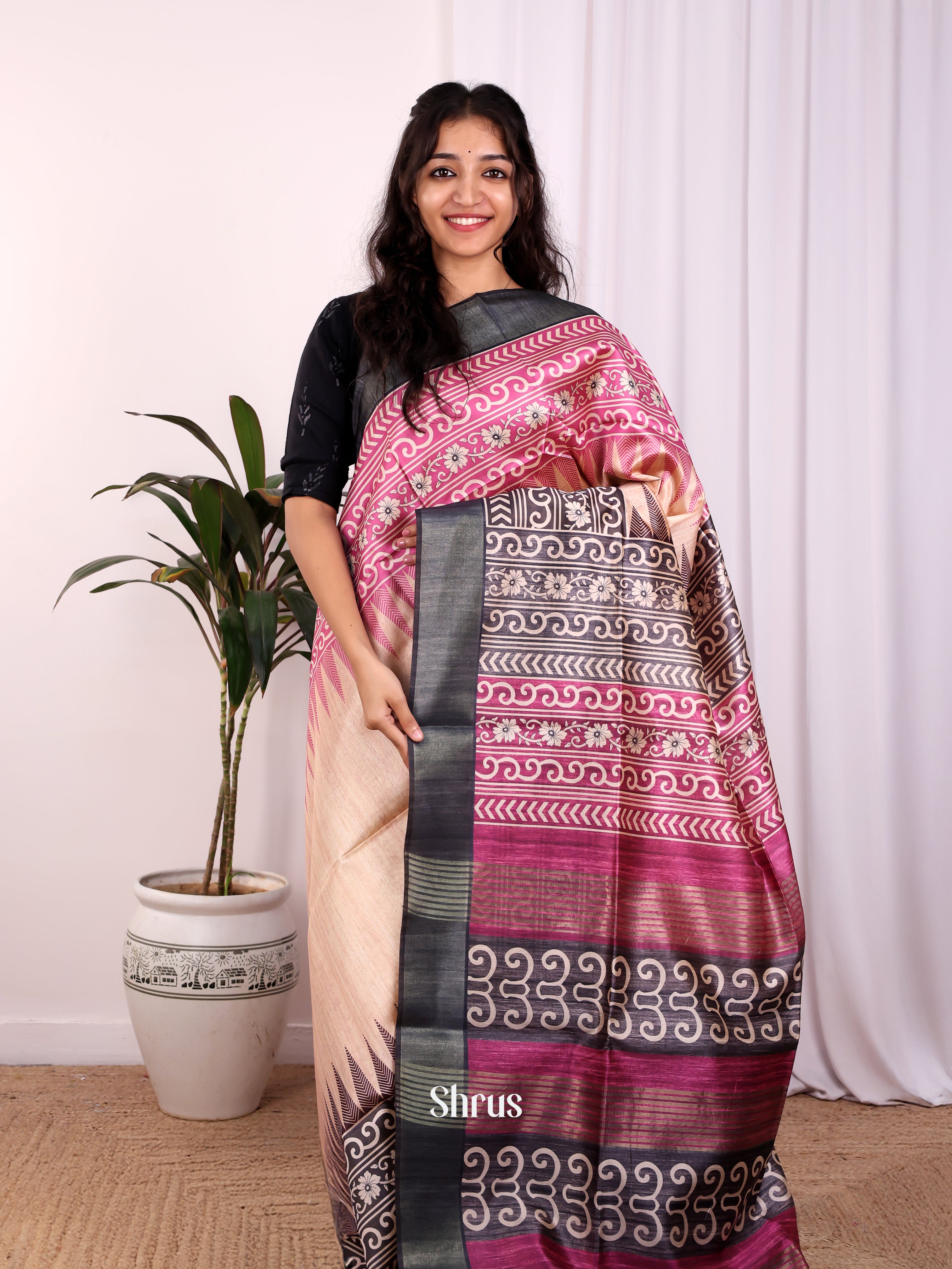 Beige & Black - Champa semitussar Saree