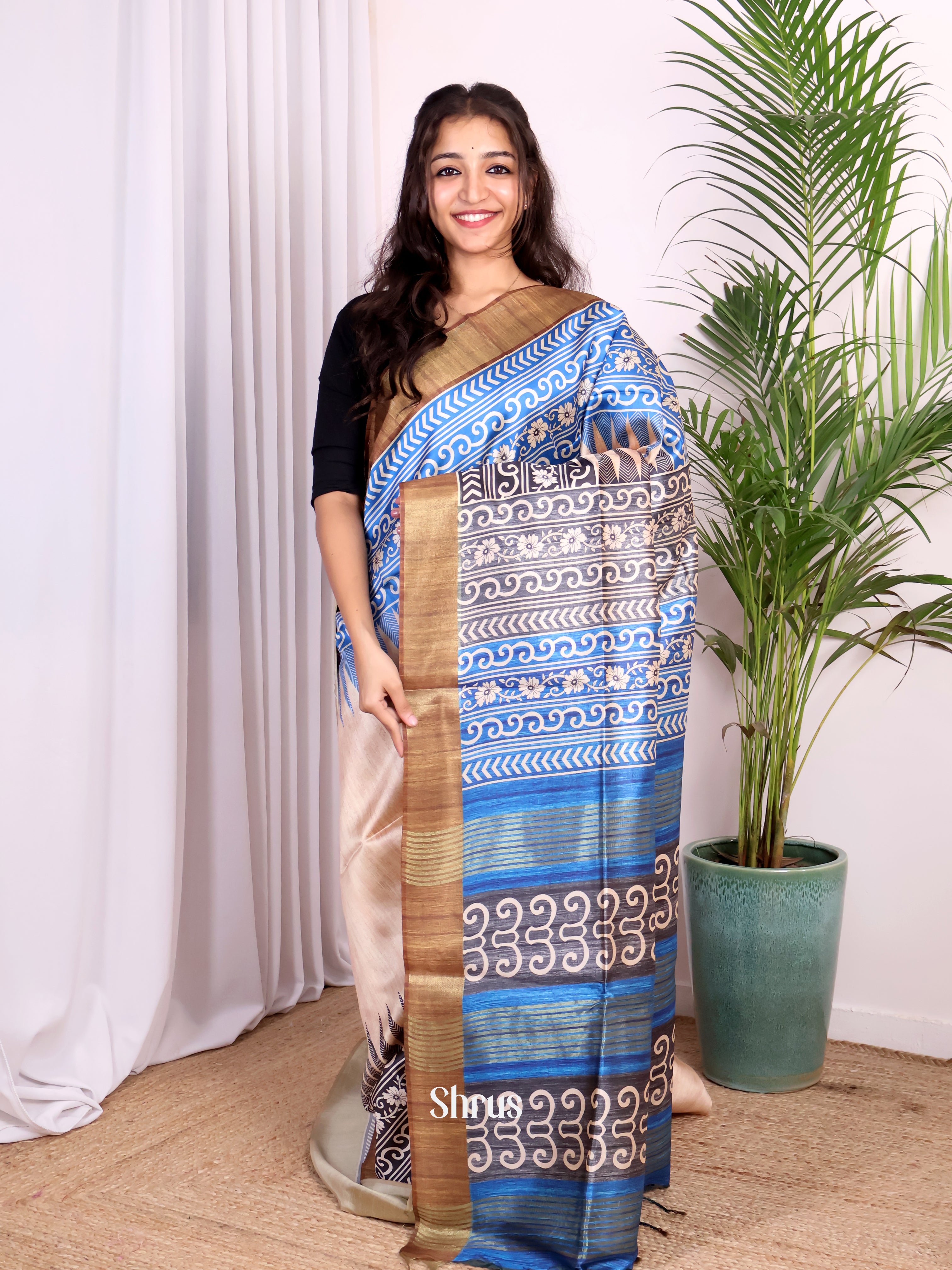 Cream & Brown - Champa semitussar Saree