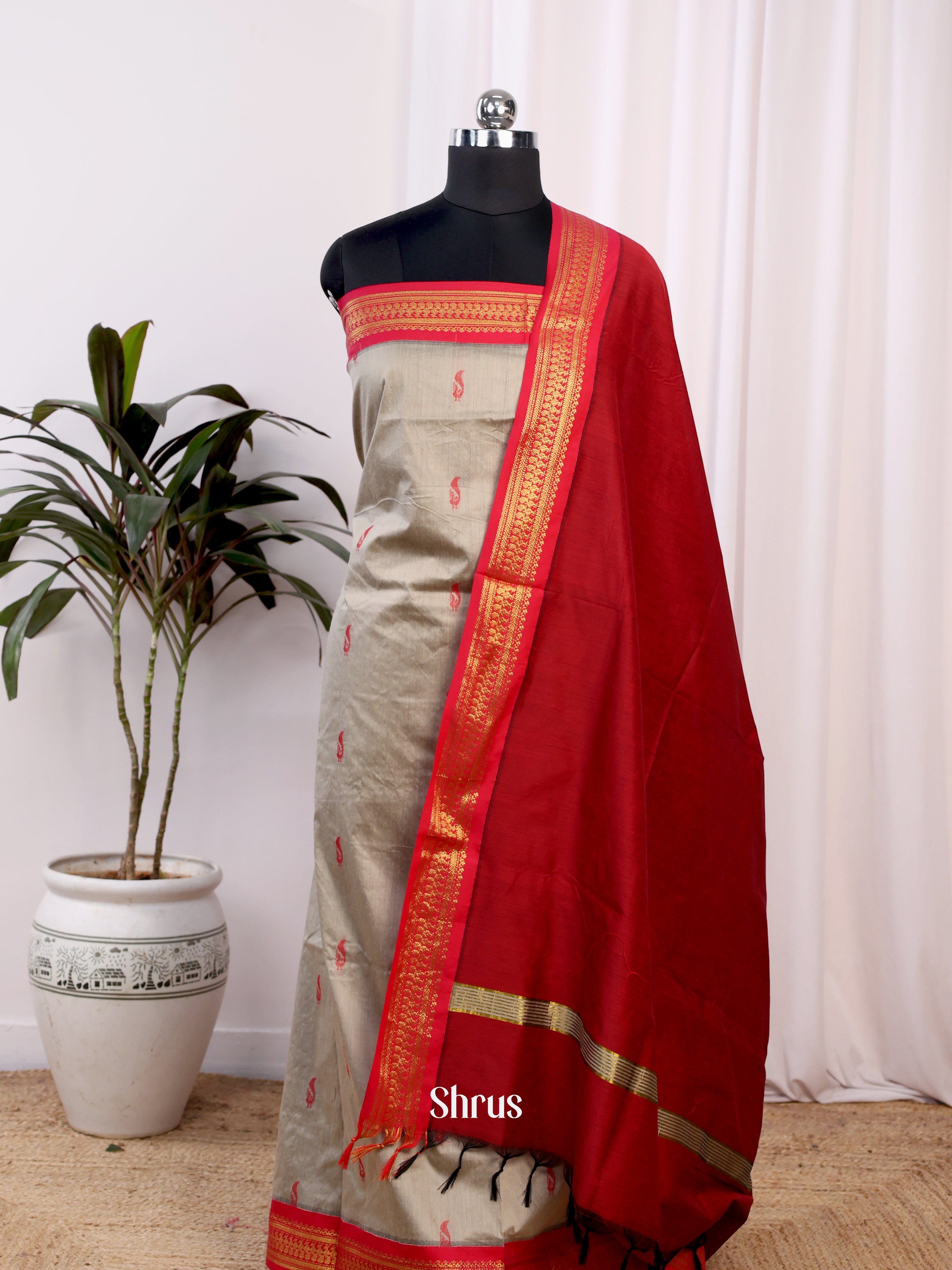 Grey & Red - Kalyani Cotton salwar unstitch