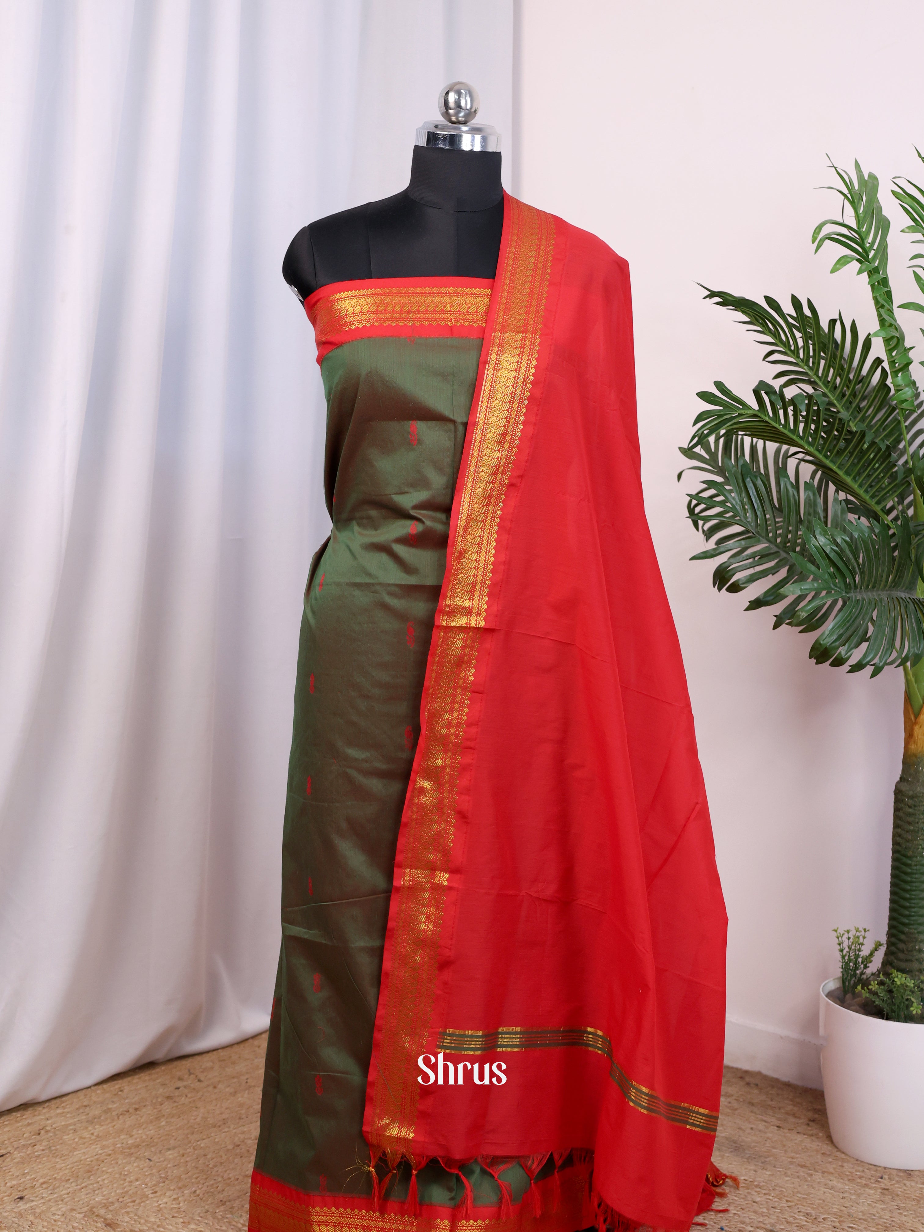 Double Shaded Green & Red - Kalyani Cotton salwar unstitch