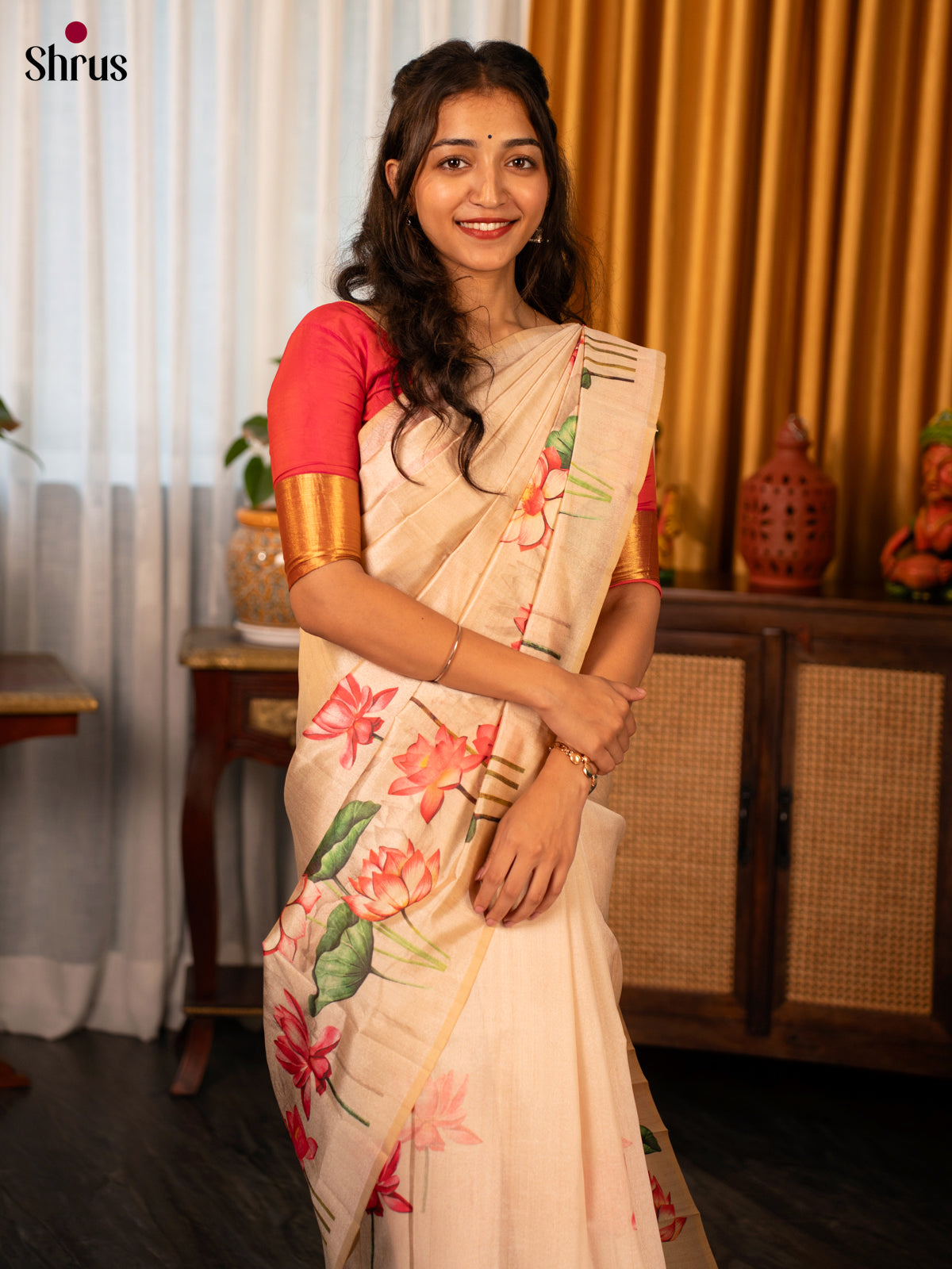 Cream - Semi Tussar Saree