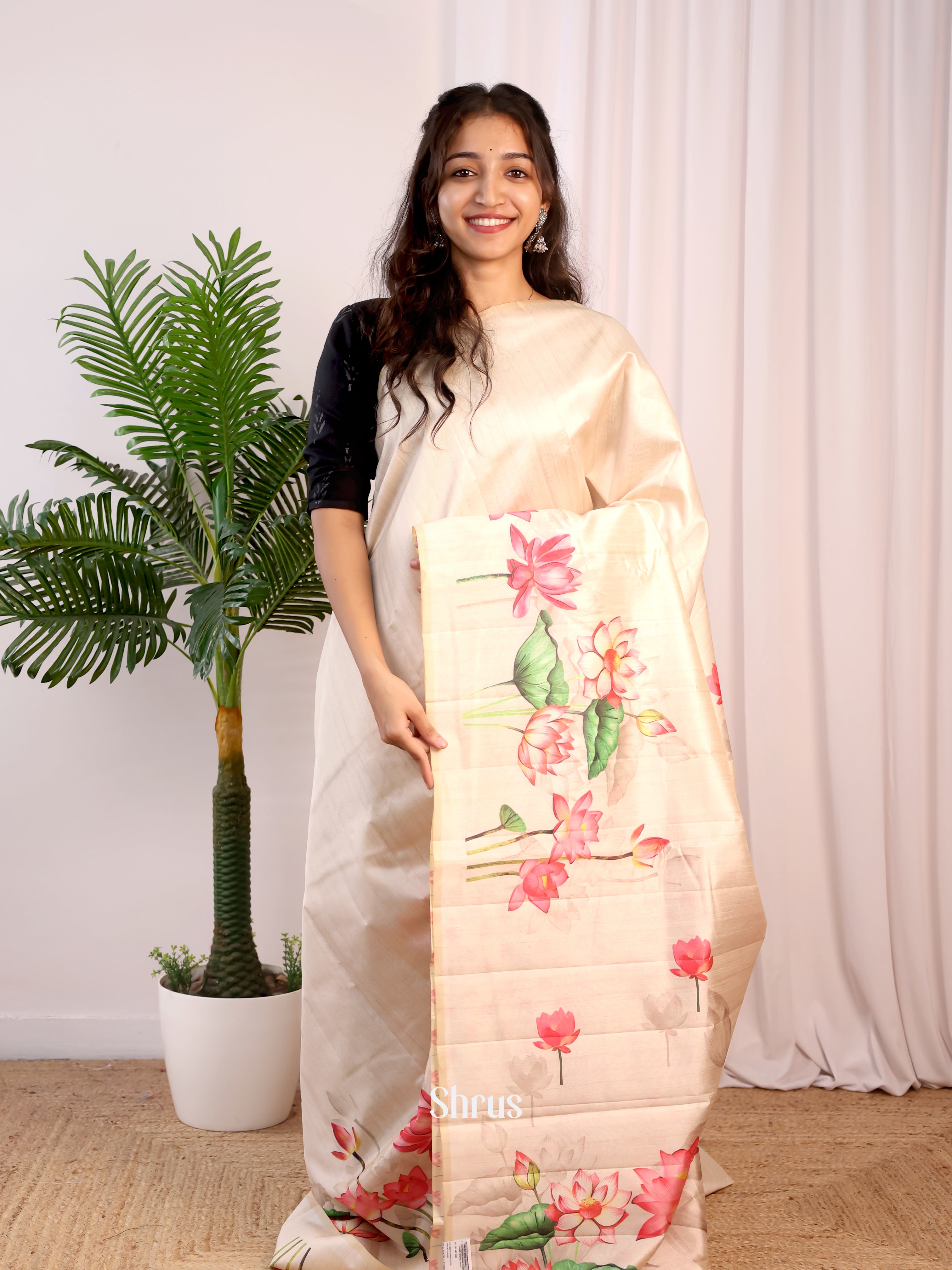 Cream - Semi Tussar Saree