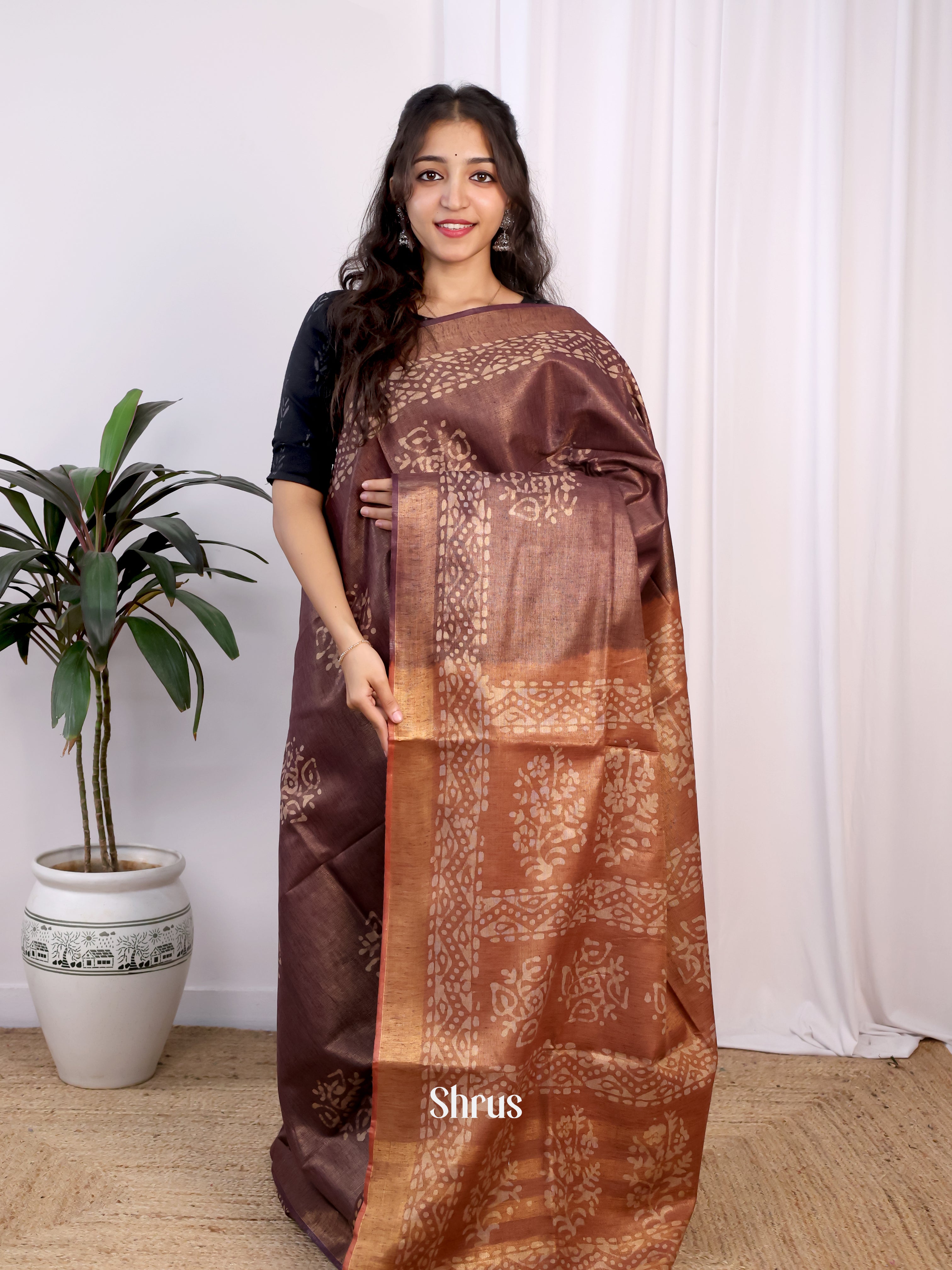 Brown & Mustard-Bhatik Saree