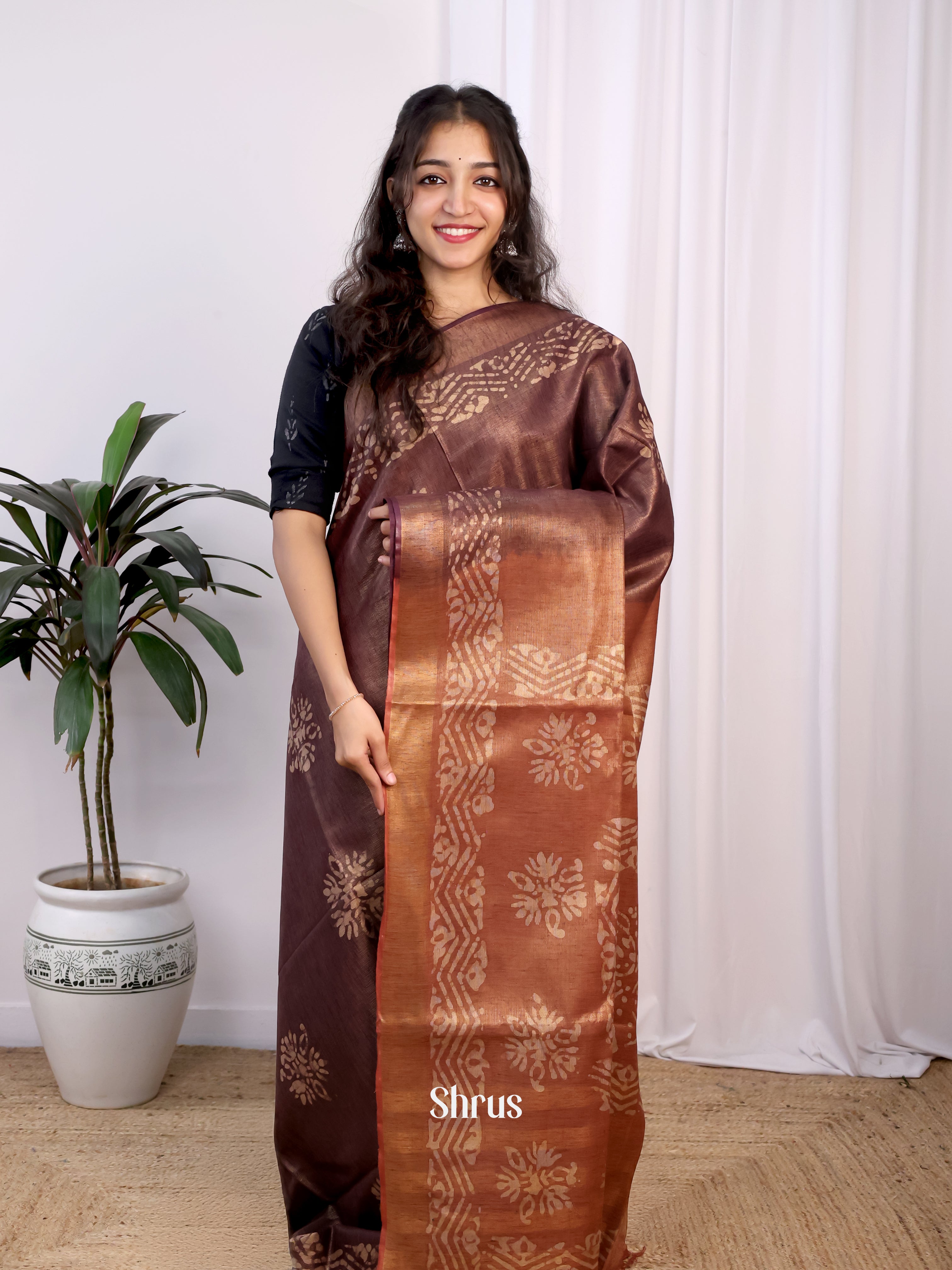 Brown & Mustard-Bhatik Saree