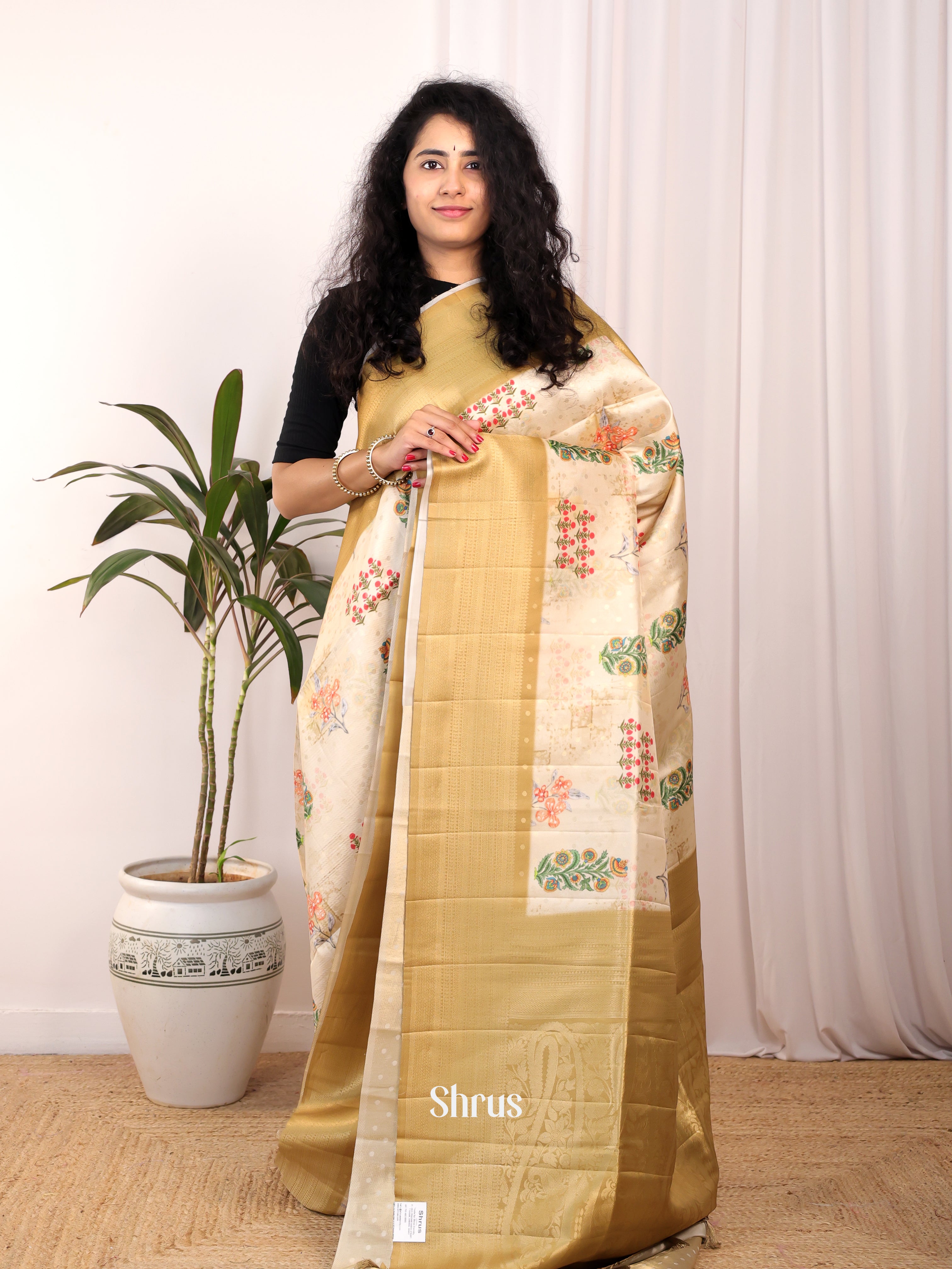 Cream & Beige - Semi Georgette Saree