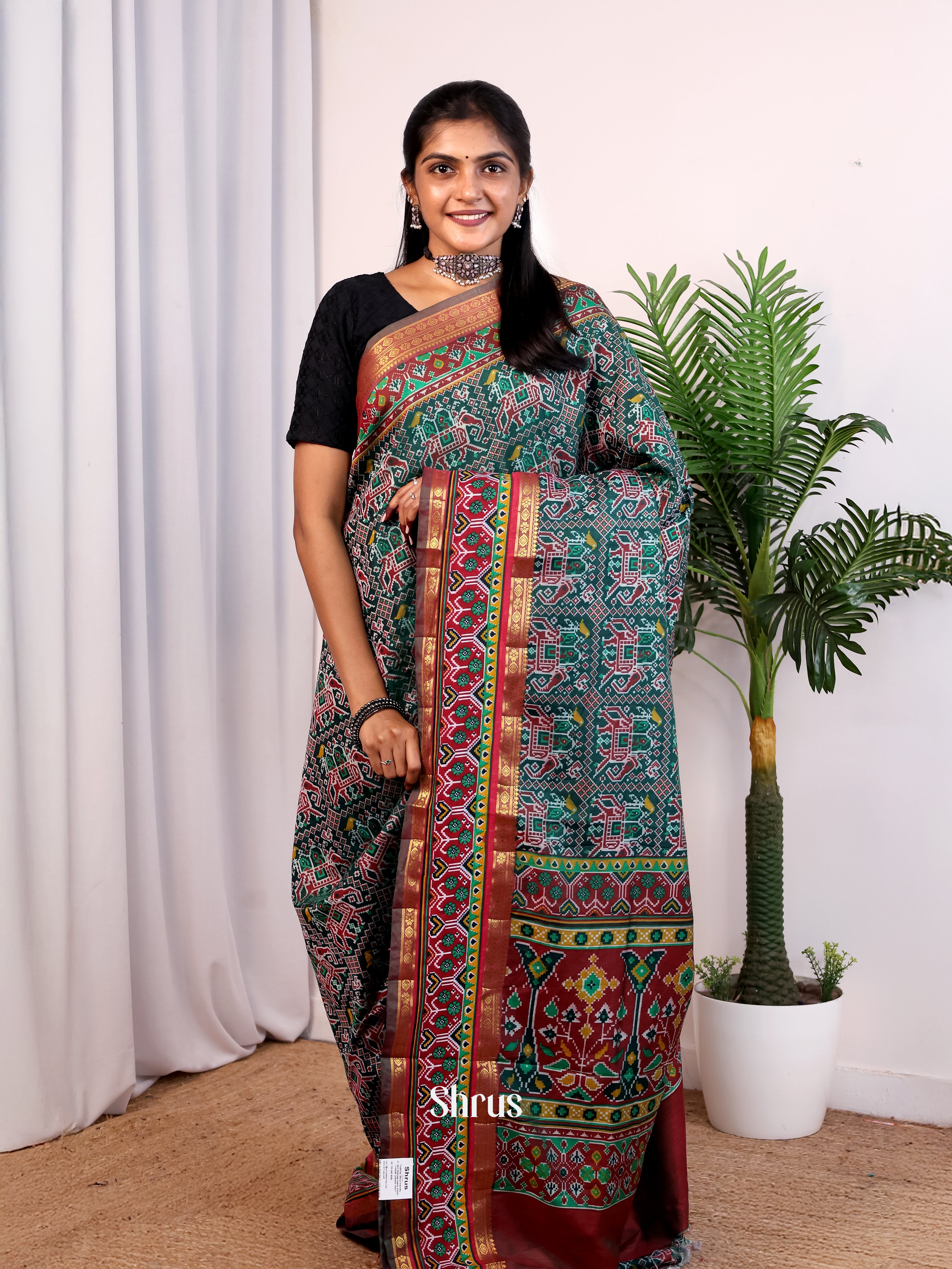 Green & Brown - Semi Patola Saree - Shop on Shrus.com