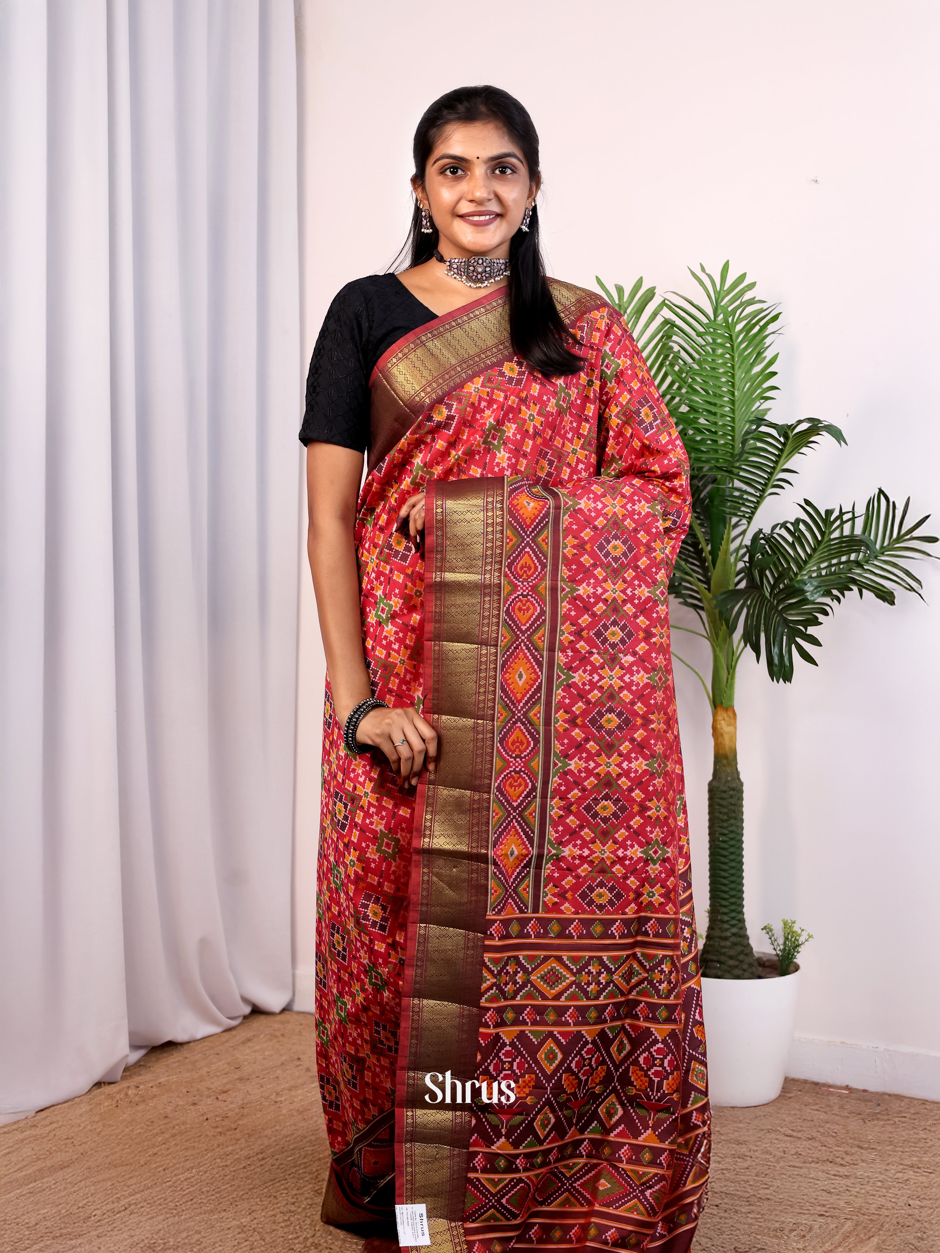 Red & maroon - Semi Patola Saree