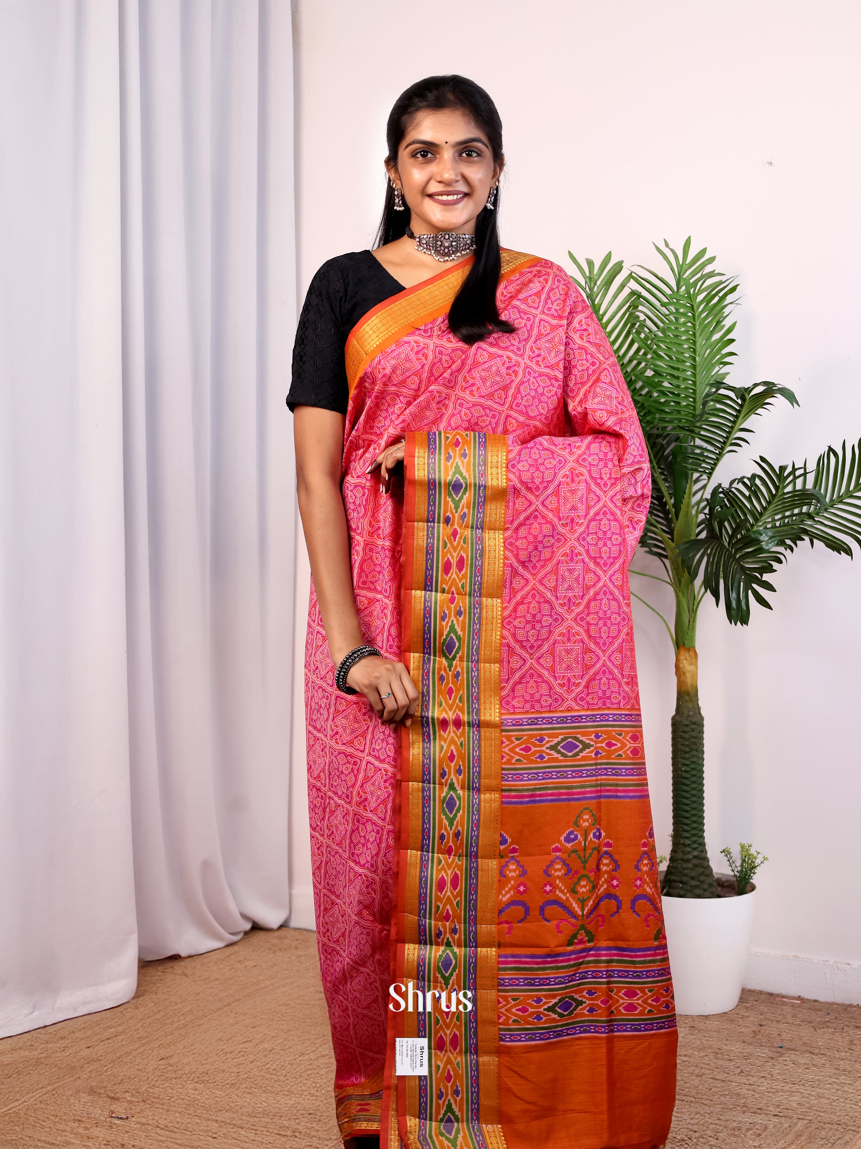 Pink & Orange - Semi Patola Saree - Shop on Shrus.com