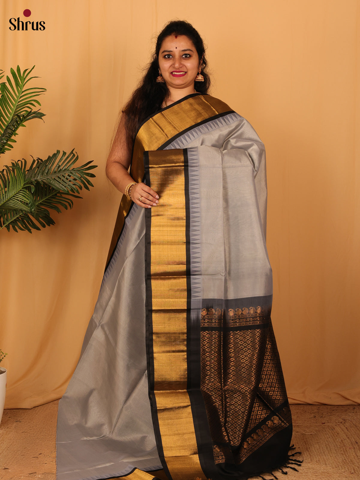 Grey & Black - Silk Cotton Saree - Shop on Shrus.com