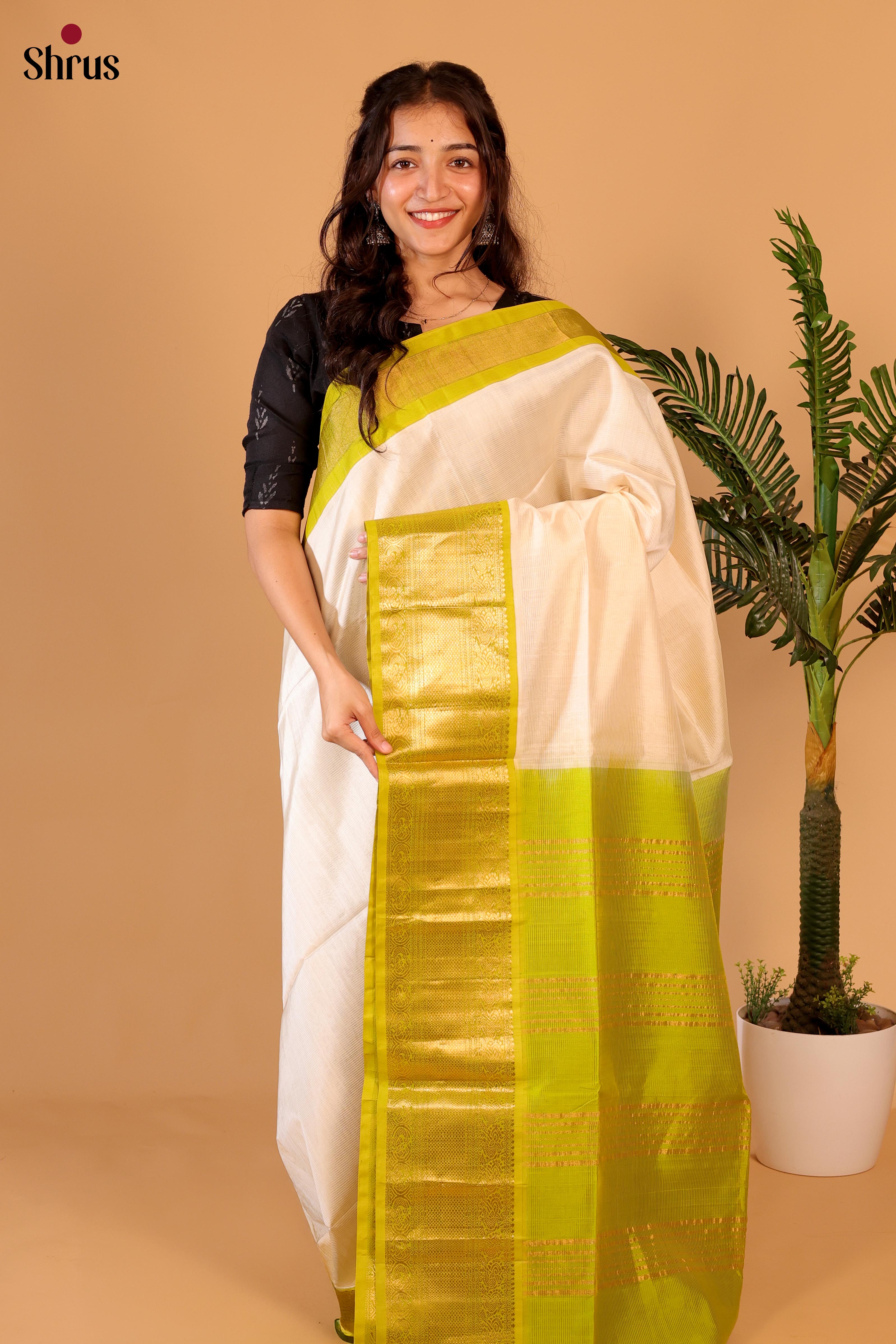 Cream & Green - Silk Cotton Saree