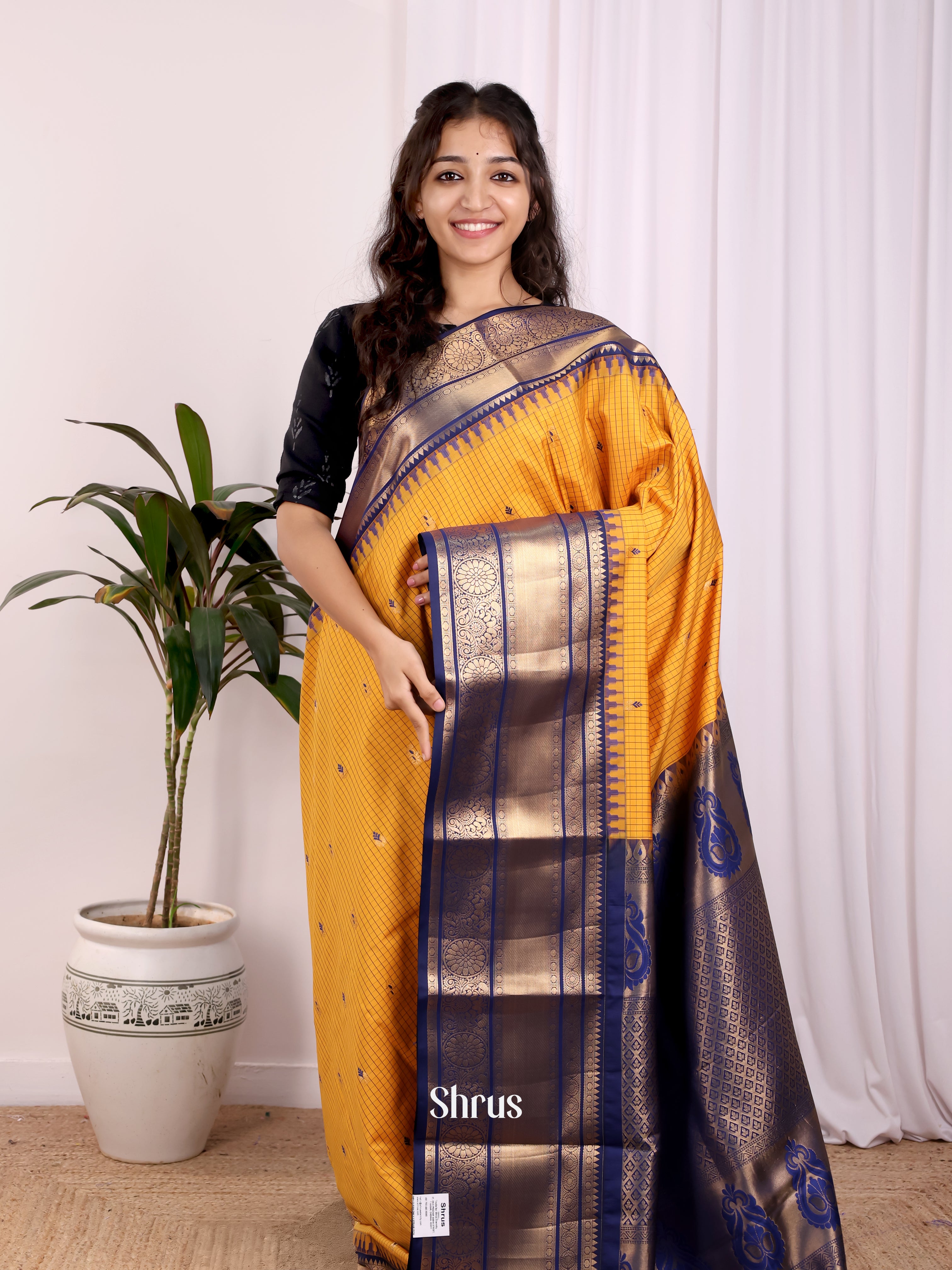 Yellow & Blue - Gadwal halfpure Saree