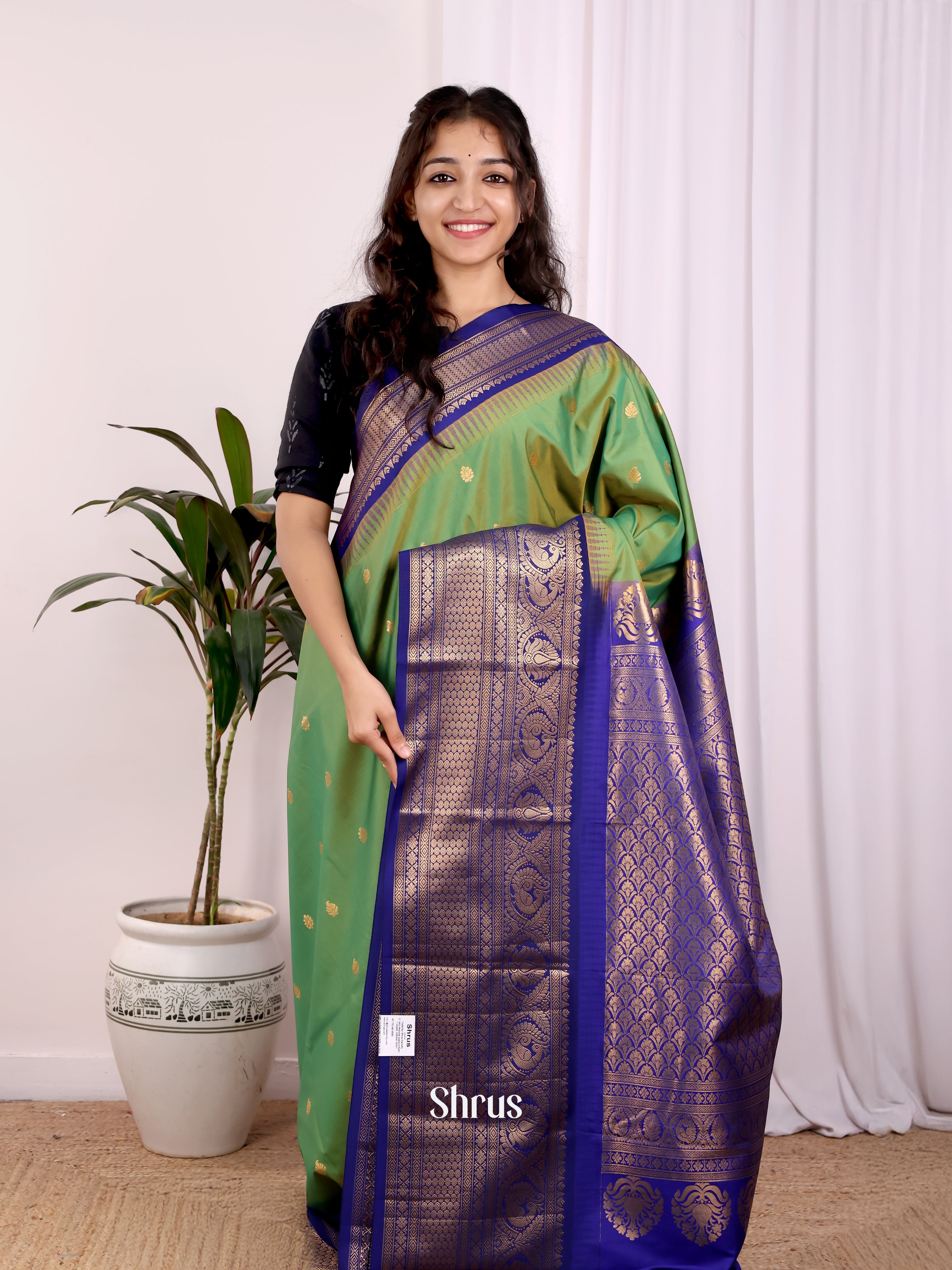 Green & Blue - Gadwal halfpure Saree - Shop on Shrus.com