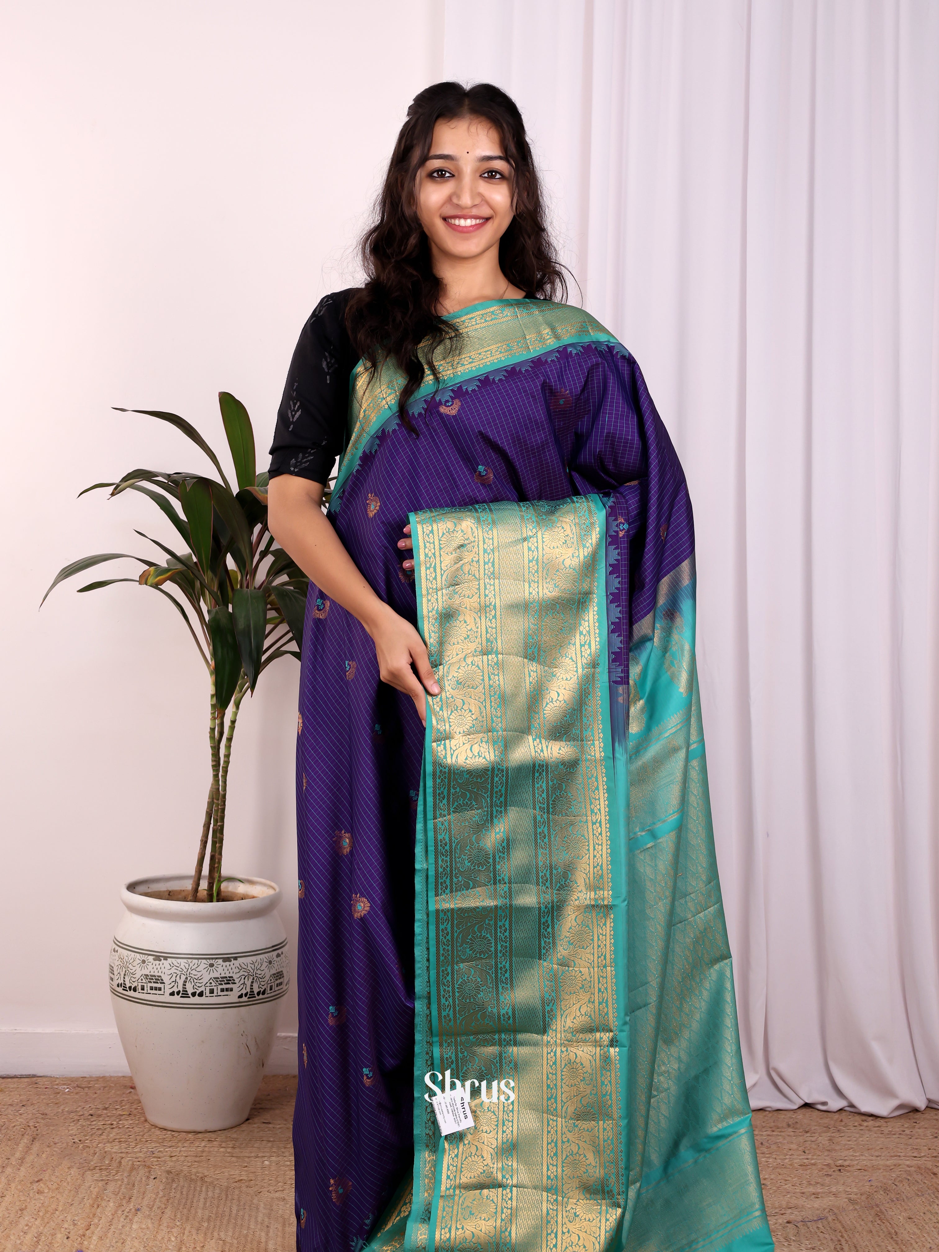 Violet & Teal- Gadwal halfpure Saree - Shop on Shrus.com