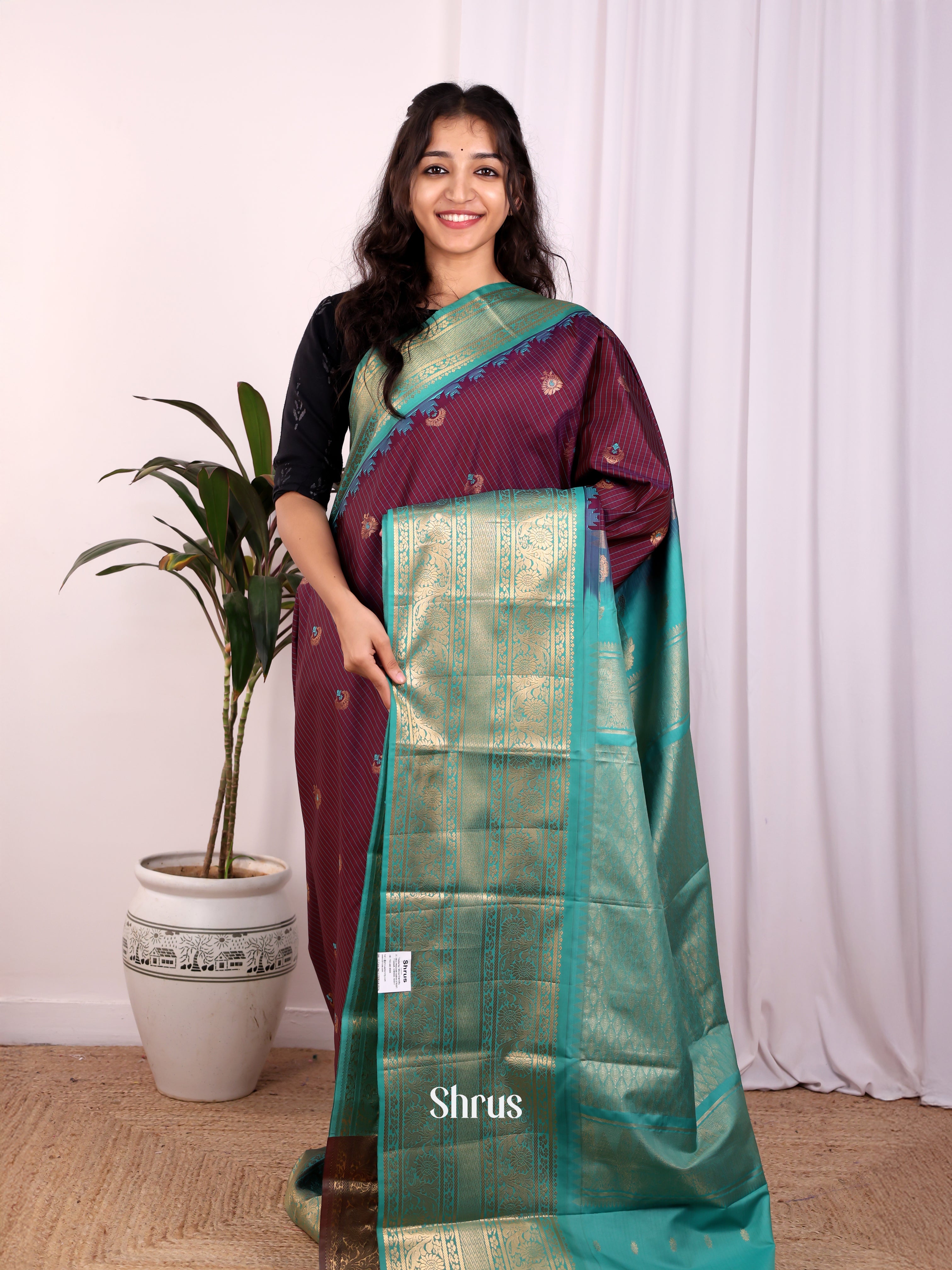 Brown & Teal - Gadwal halfpure Saree