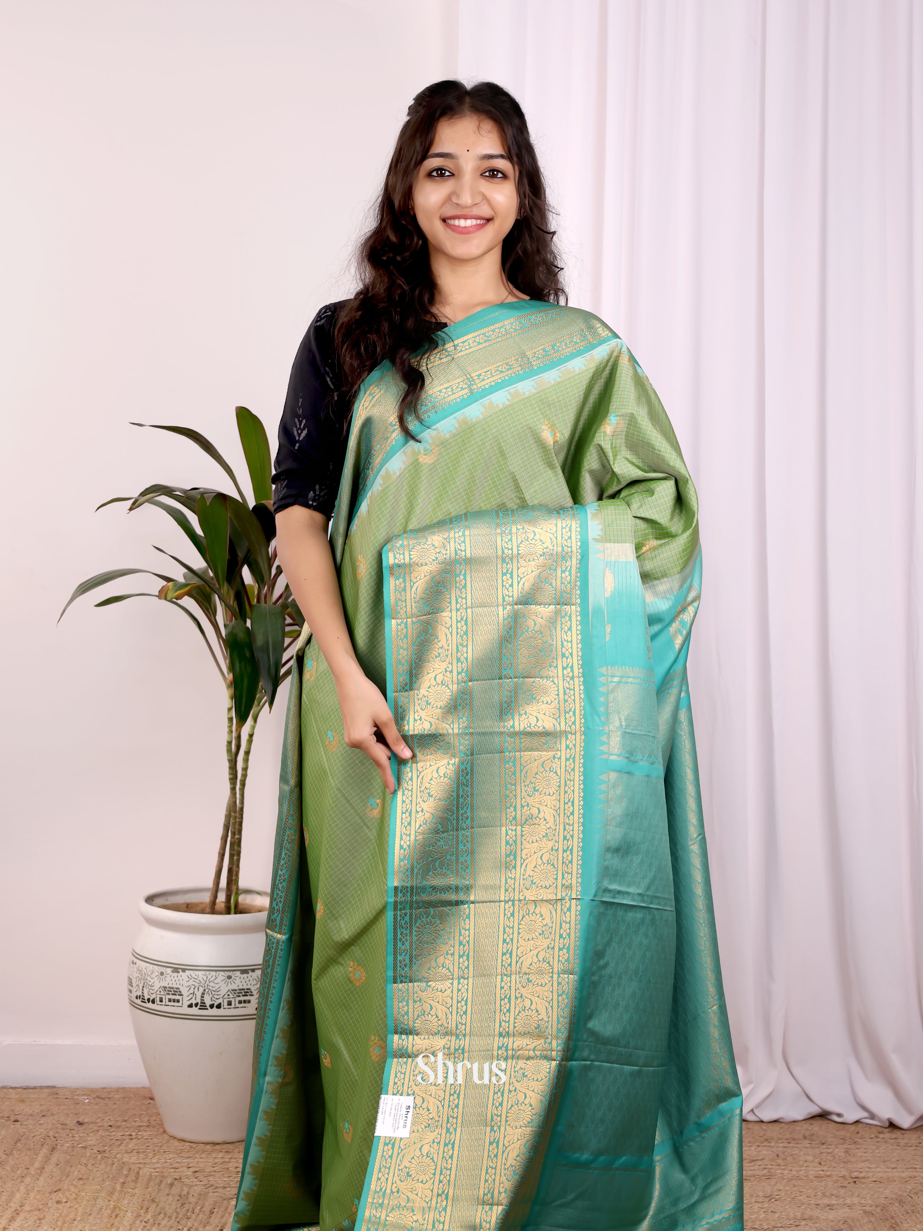 Green & Teal- Gadwal halfpure Saree - Shop on Shrus.com