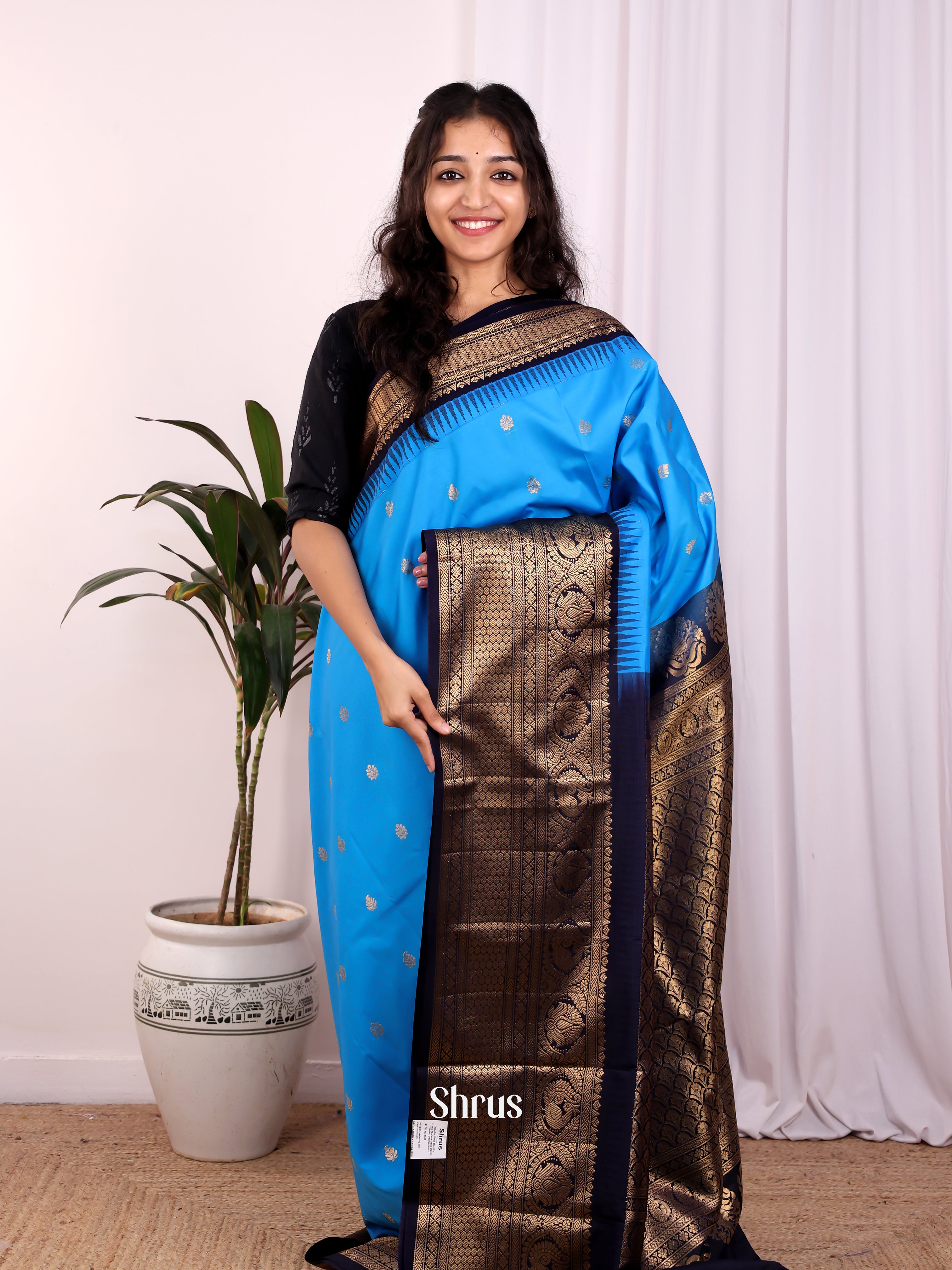 Teal & Navy Blue - Gadwal halfpure Saree