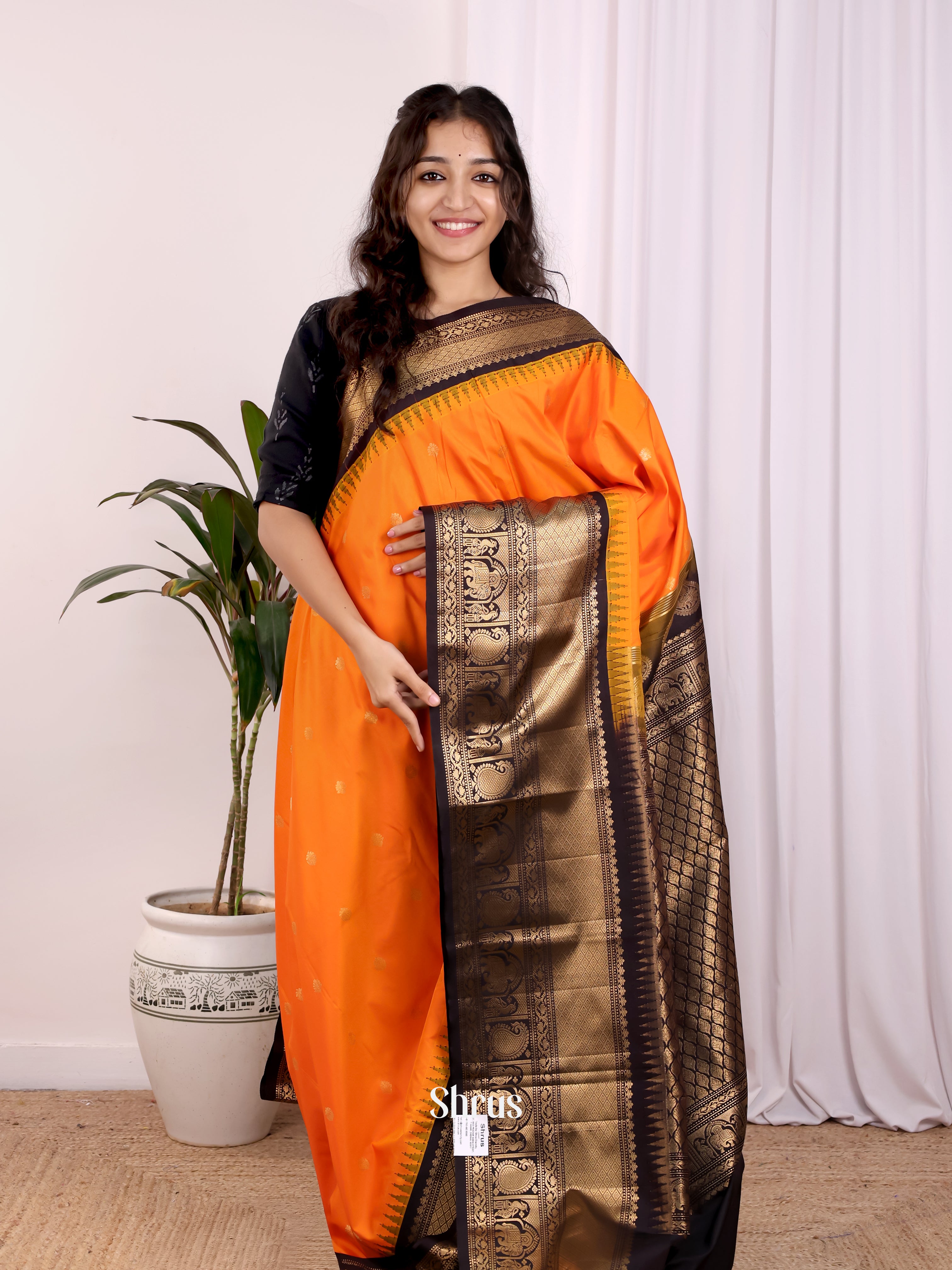 Orange & Black - Gadwal halfpure Saree