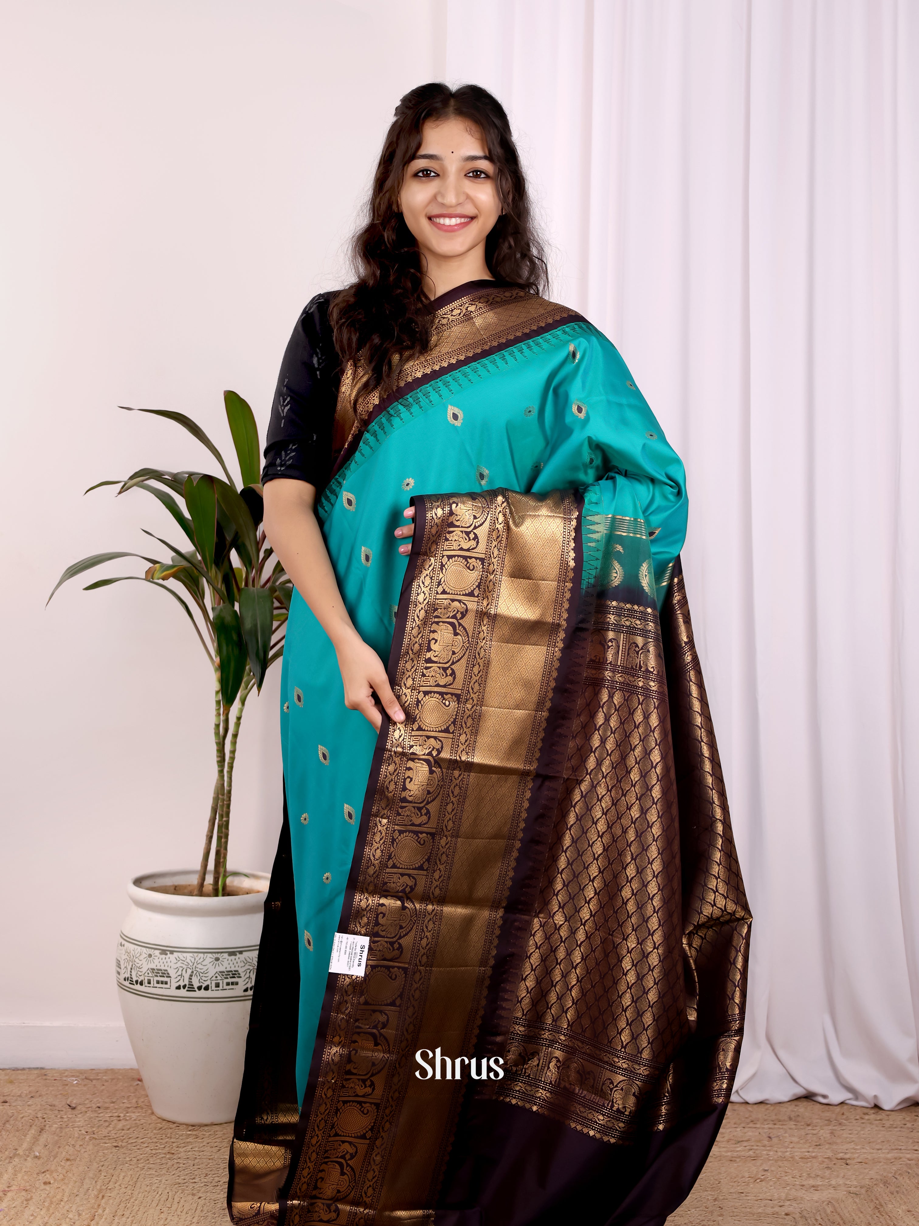 Teal & Brown - Gadwal halfpure Saree - Shop on Shrus.com