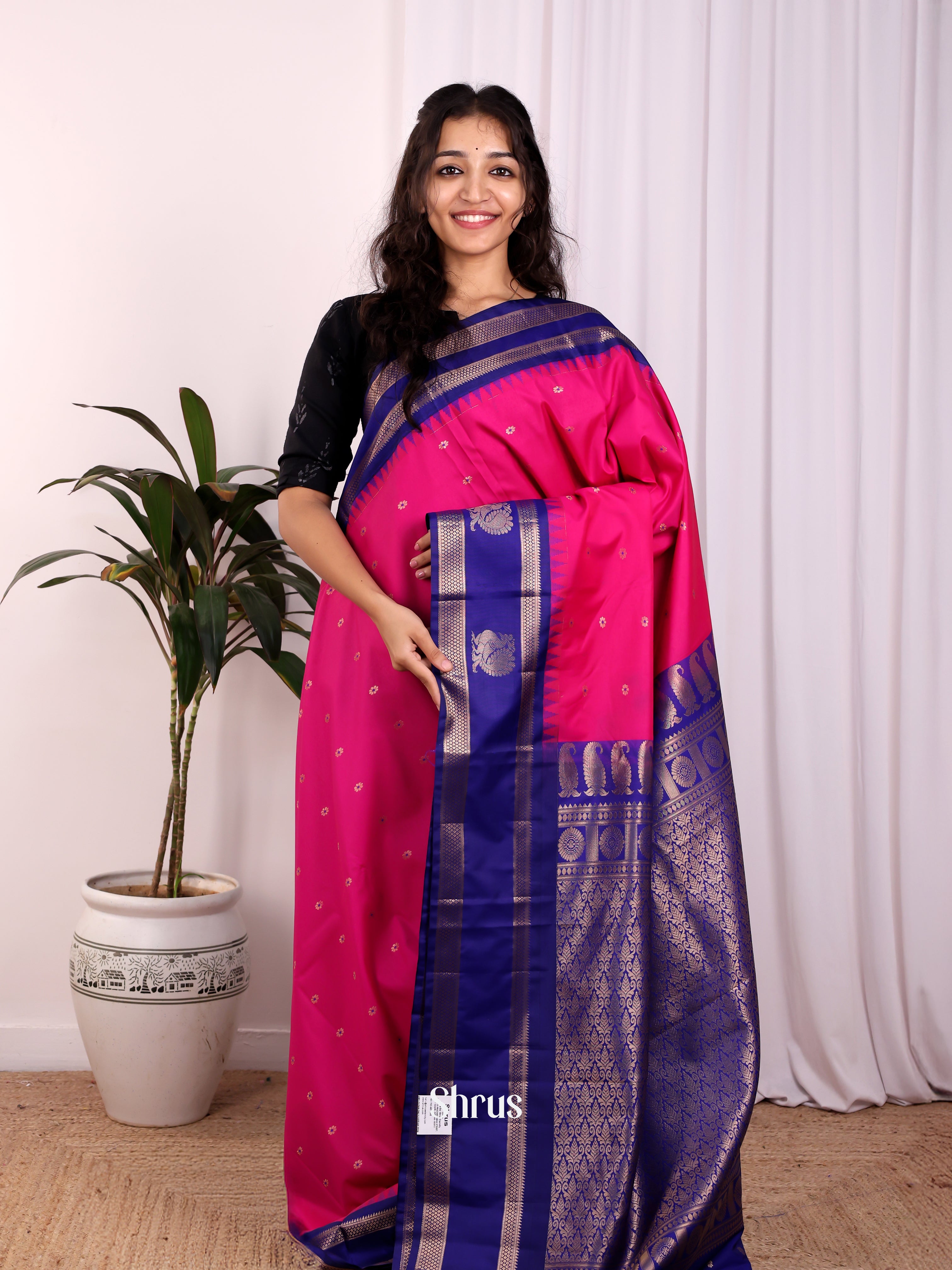 Pink & Blue - Gadwal halfpure Saree